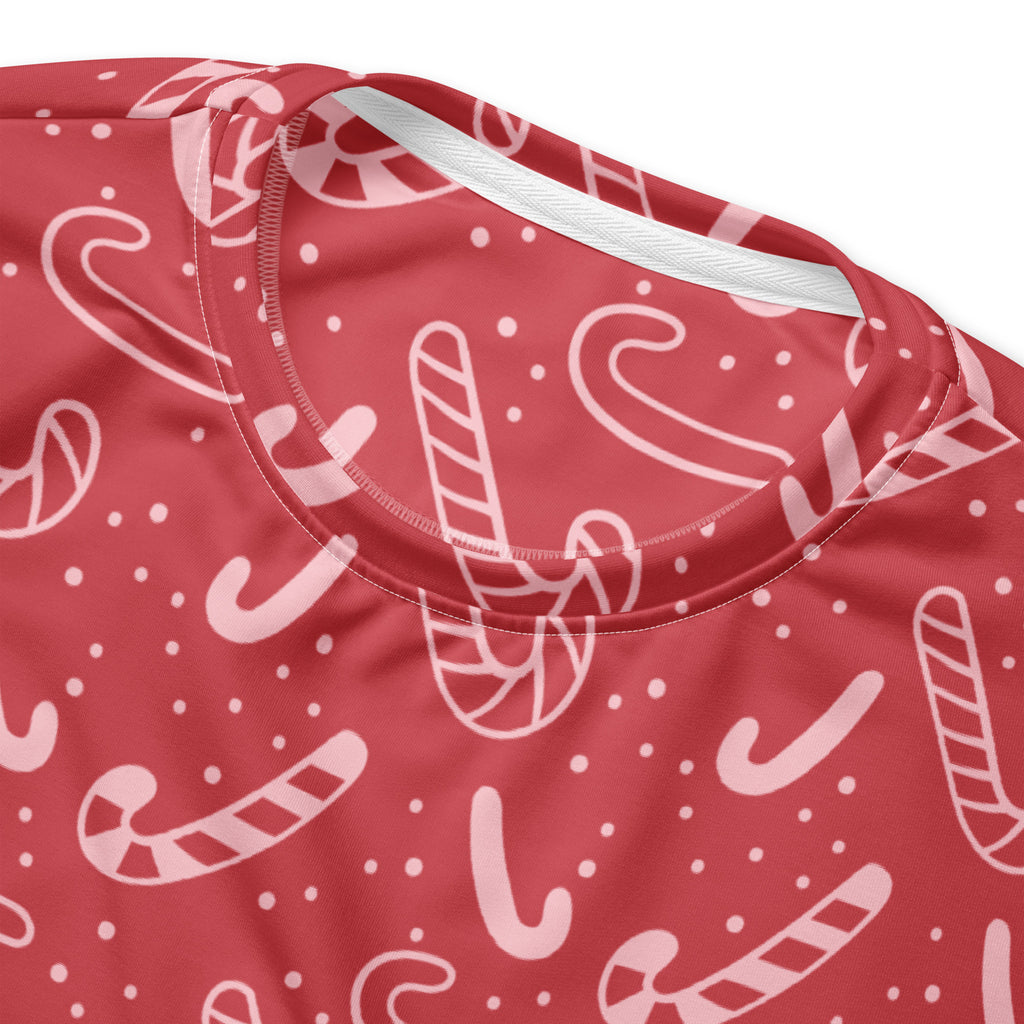 Red candy cane christmas sweatshirt with white candy cane and dot pattern and brushed inner fleece fabric