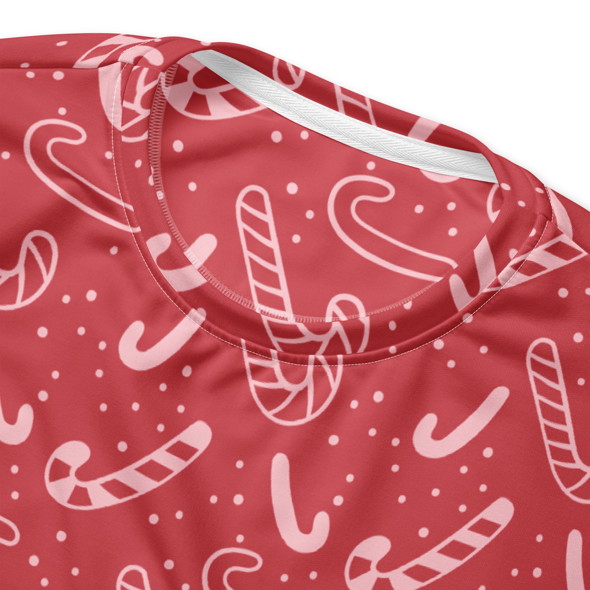 Red candy cane christmas sweatshirt with white candy cane and dot pattern and brushed inner fleece fabric