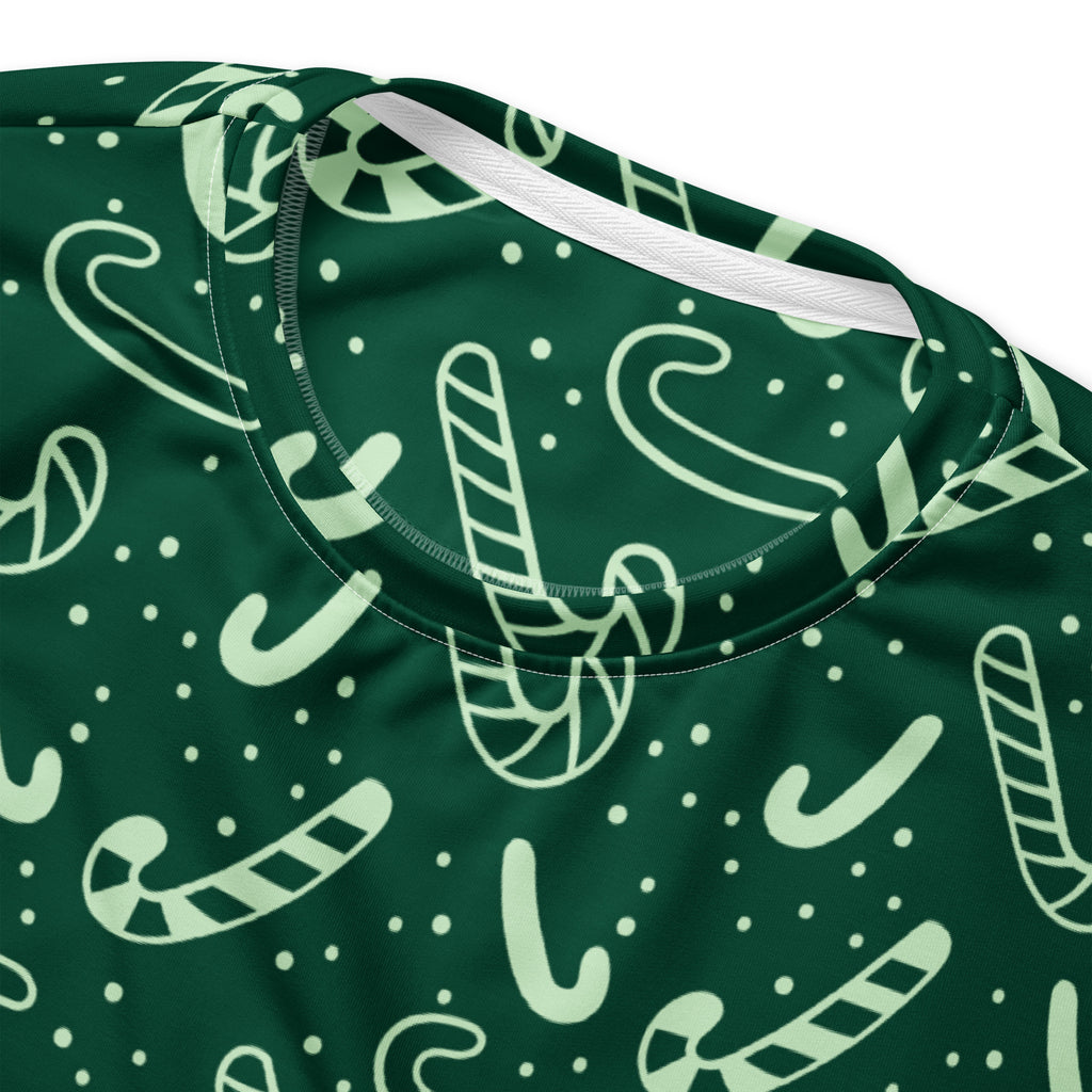 Dark green long-sleeved Christmas sweatshirt with light mint-green candy cane pattern and brushed inner fleece fabric