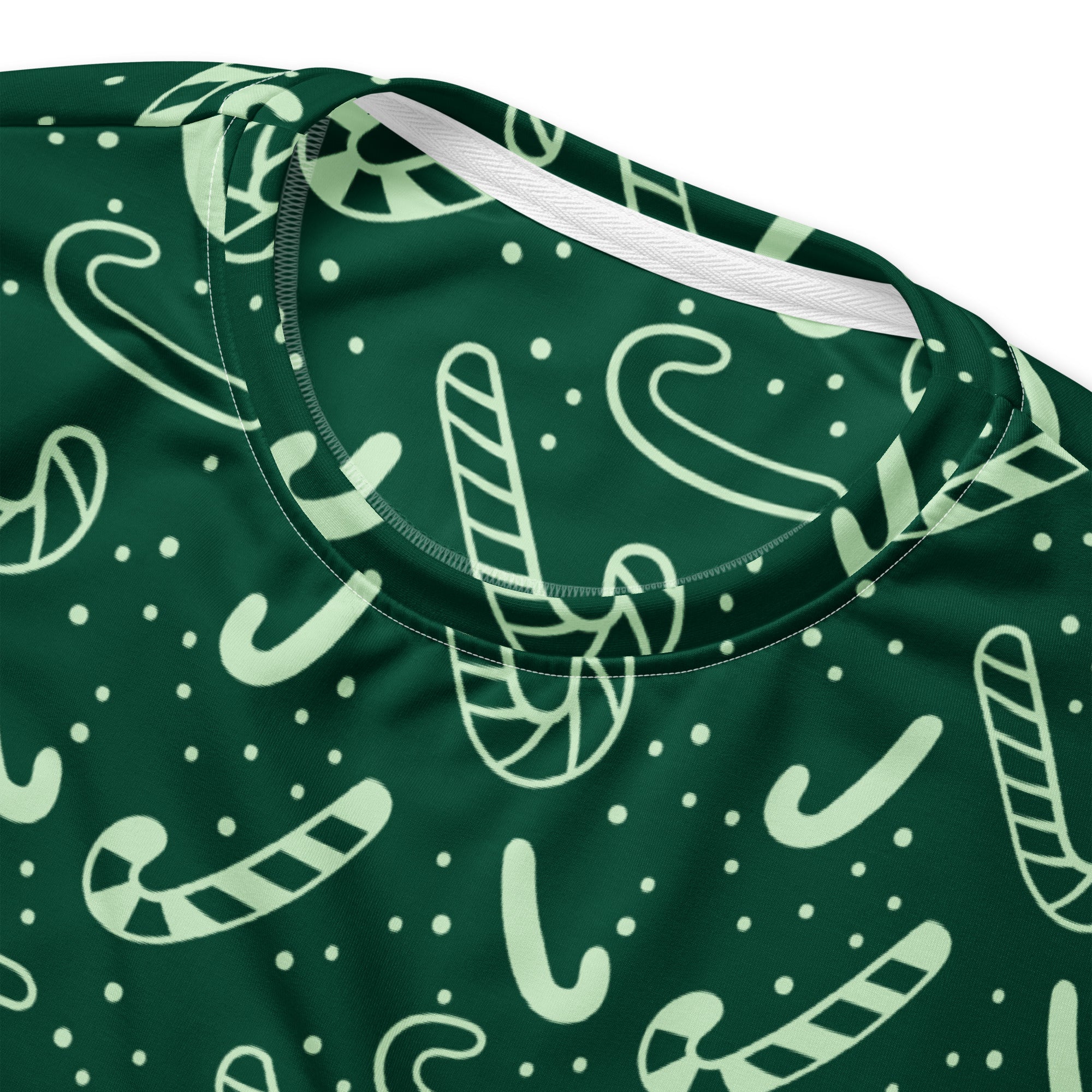 Dark green long-sleeved Christmas sweatshirt with light mint-green candy cane pattern and brushed inner fleece fabric