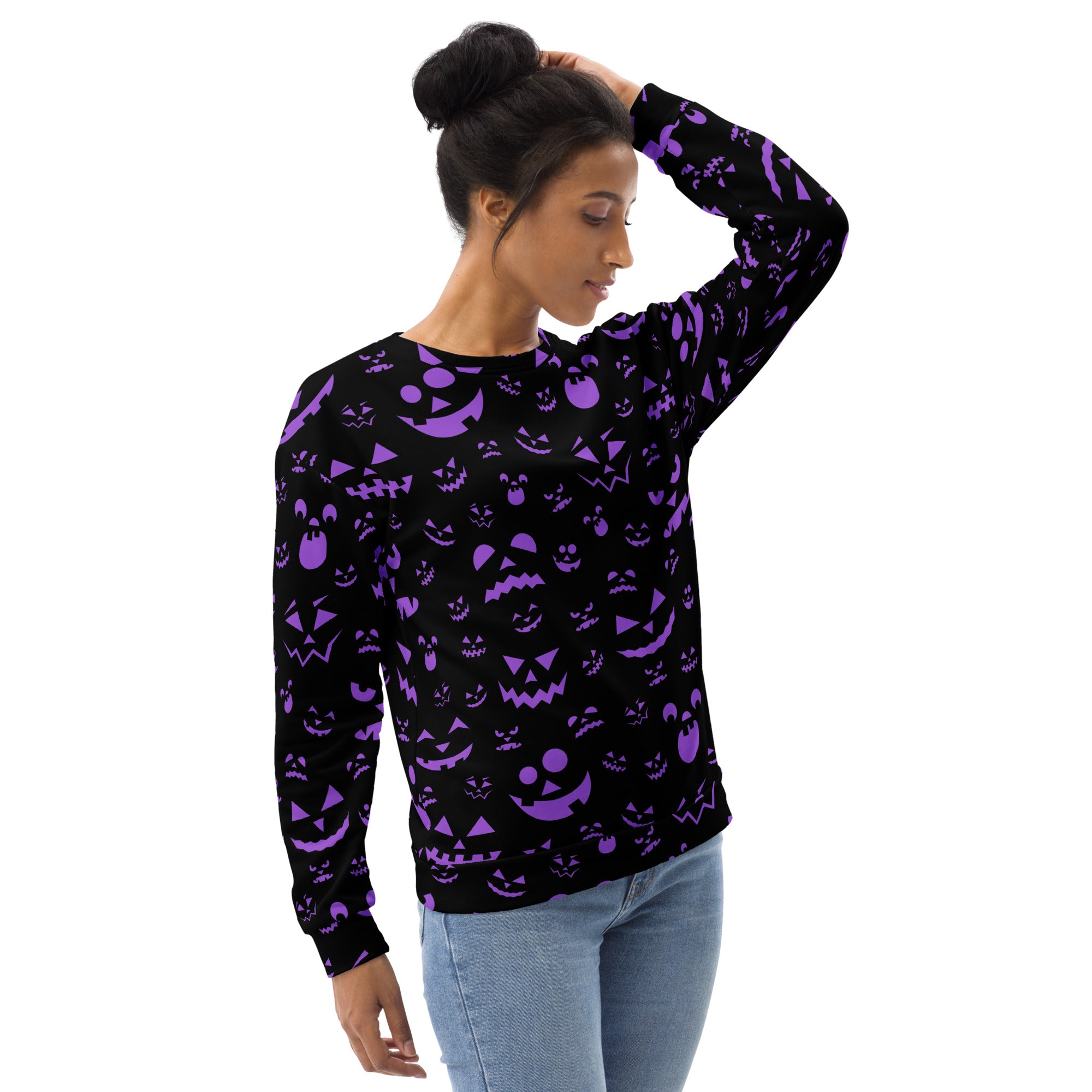 Black long-sleeved sweatshirt with vibrant purple jack-o-lantern pattern and brushed inner fleece for halloween