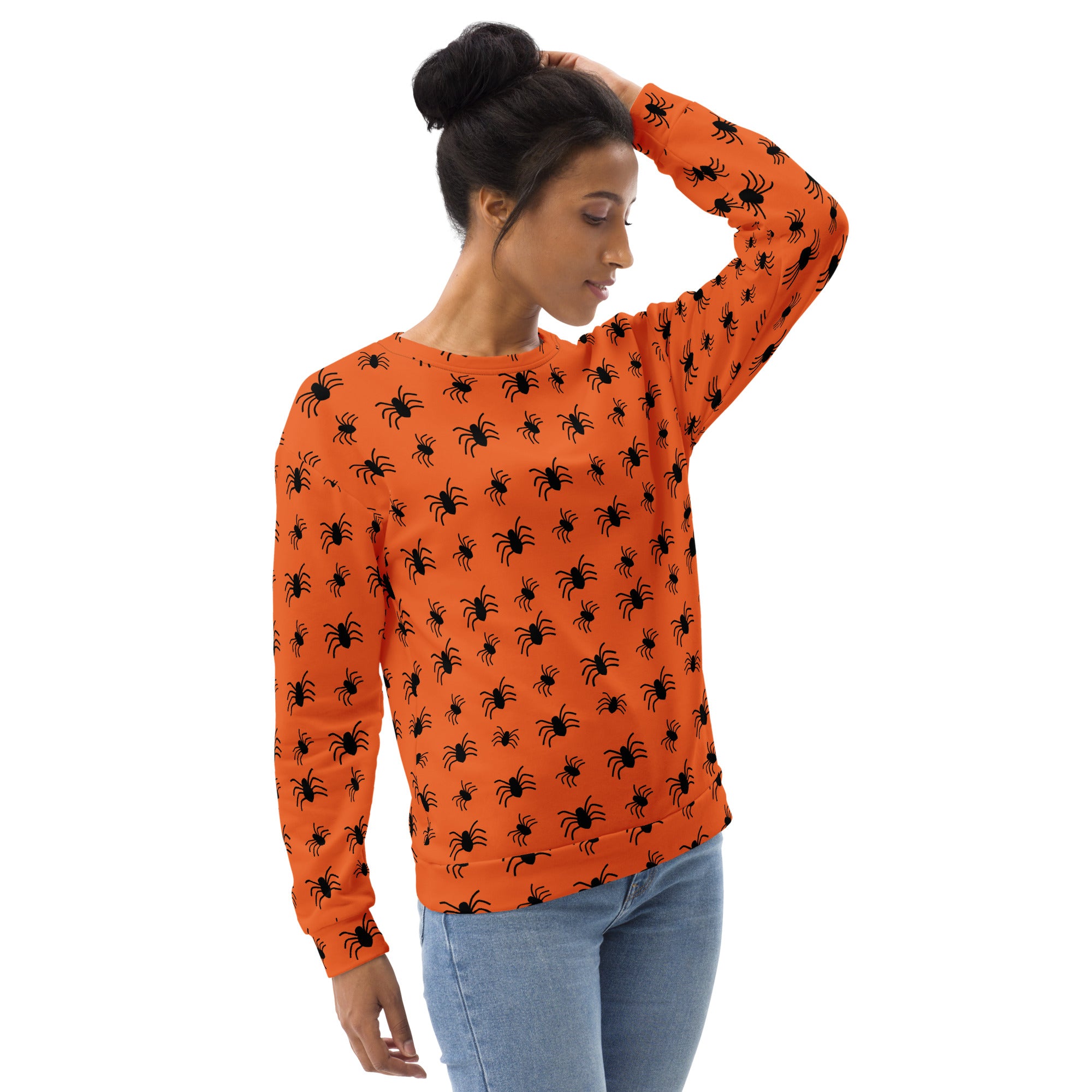 Orange spider halloween recycled sweatshirt with brushed inner fleece fabric featuring black spider pattern