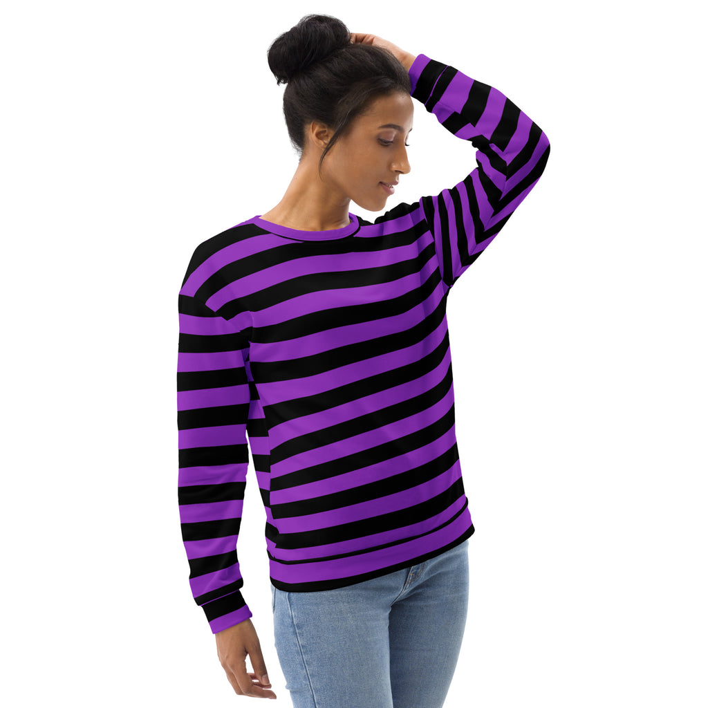 A vibrant purple and black striped long-sleeved recycled sweatshirt with brushed inner fleece fabric and relaxed fit