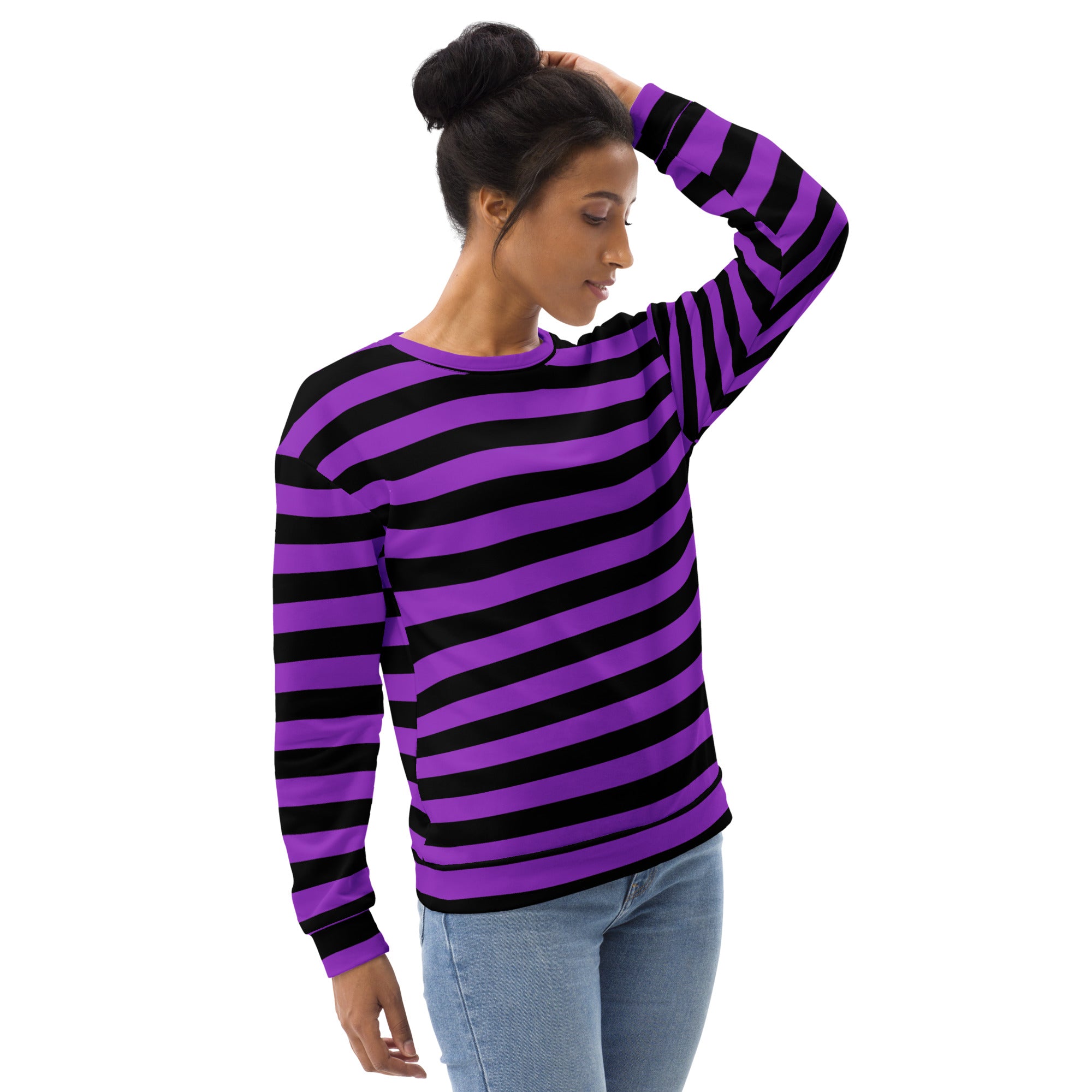 A vibrant purple and black striped long-sleeved recycled sweatshirt with brushed inner fleece fabric and relaxed fit