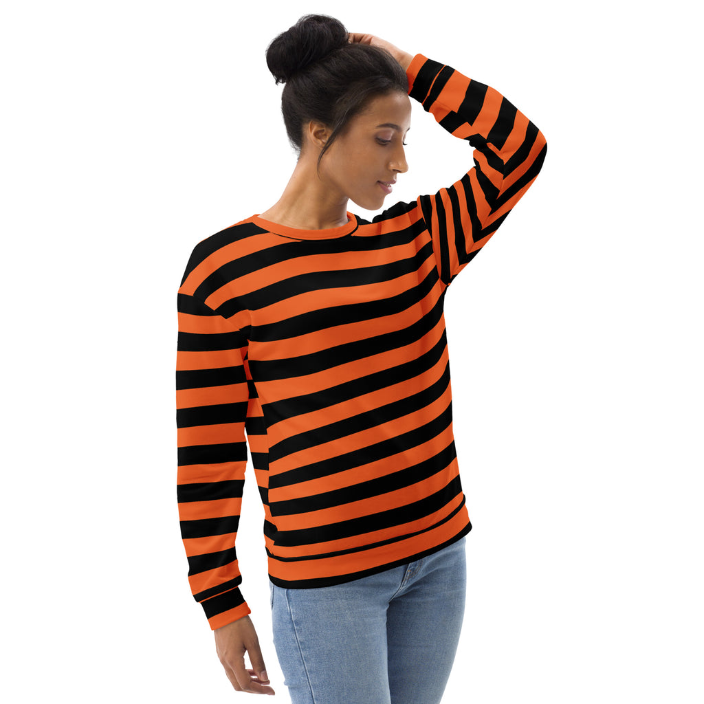 A vibrant orange and black striped halloween sweatshirt with brushed inner fleece fabric and relaxed fit long sleeves