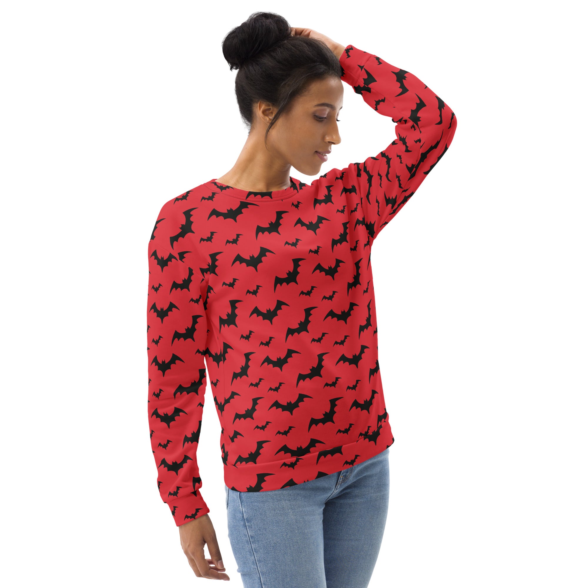 Red long-sleeved sweatshirt with black bat pattern and brushed inner fleece fabric for halloween wear