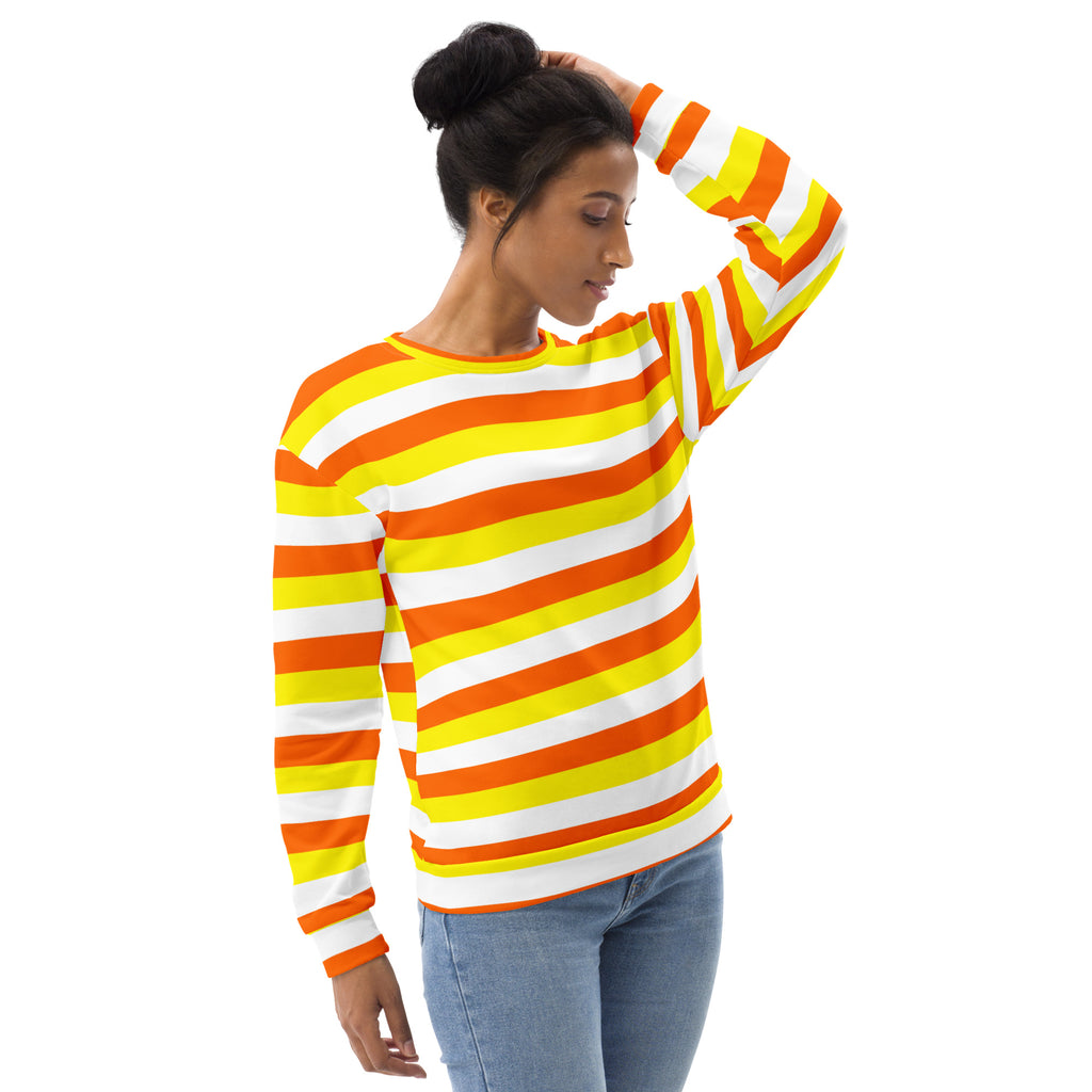 A vibrant long-sleeved candy corn stripes halloween sweatshirt with bold orange yellow white stripes and fleece lining