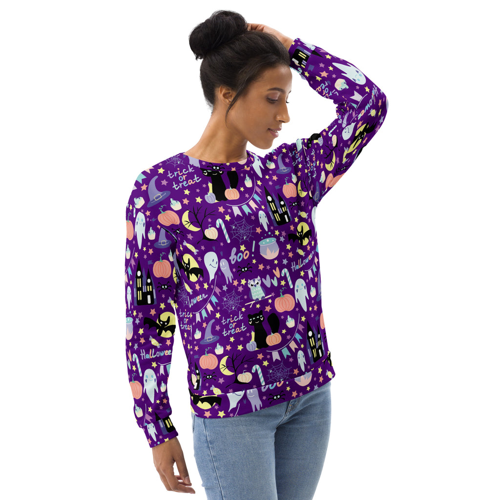 Purple halloween sweatshirt with brushed fleece featuring black cats ghosts pumpkins and trick or treat cartoon design