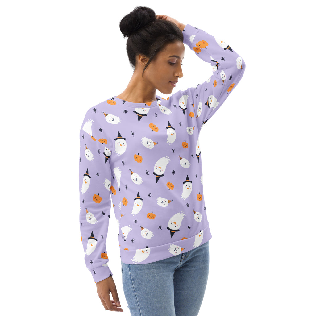Lavender halloween witch ghost sweatshirt with white ghosts orange pumpkins and brushed inner fleece fabric