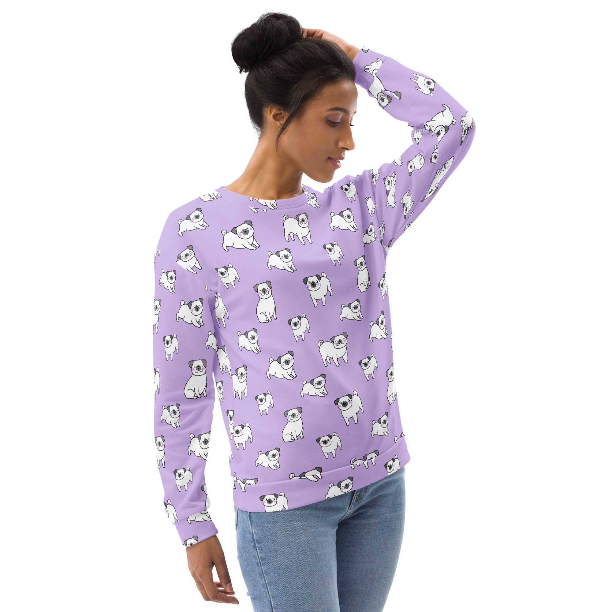 Lavender long-sleeved sweatshirt with white cartoon pug pattern featuring brushed inner fleece fabric