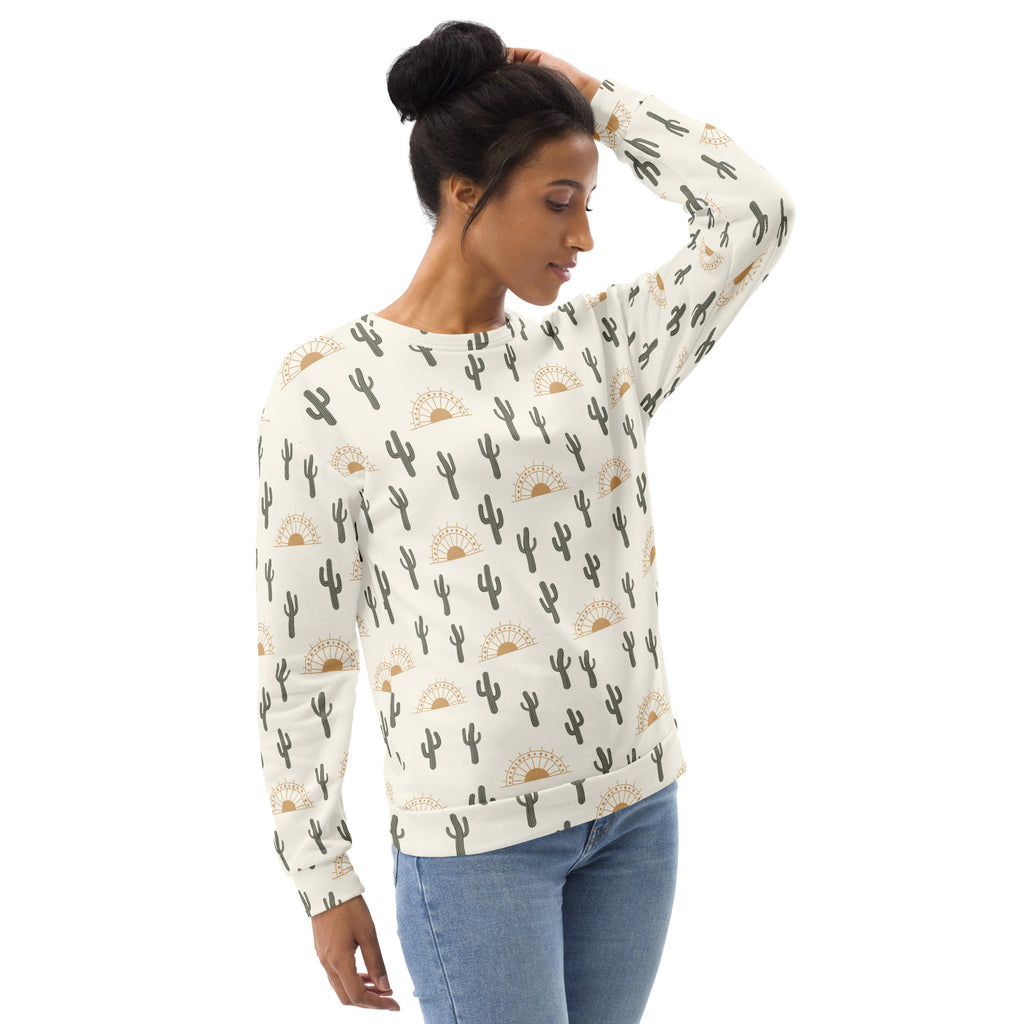 Cream-colored cactus desert sunrise sweatshirt with long sleeves black cacti gold sun patterns brushed fleece