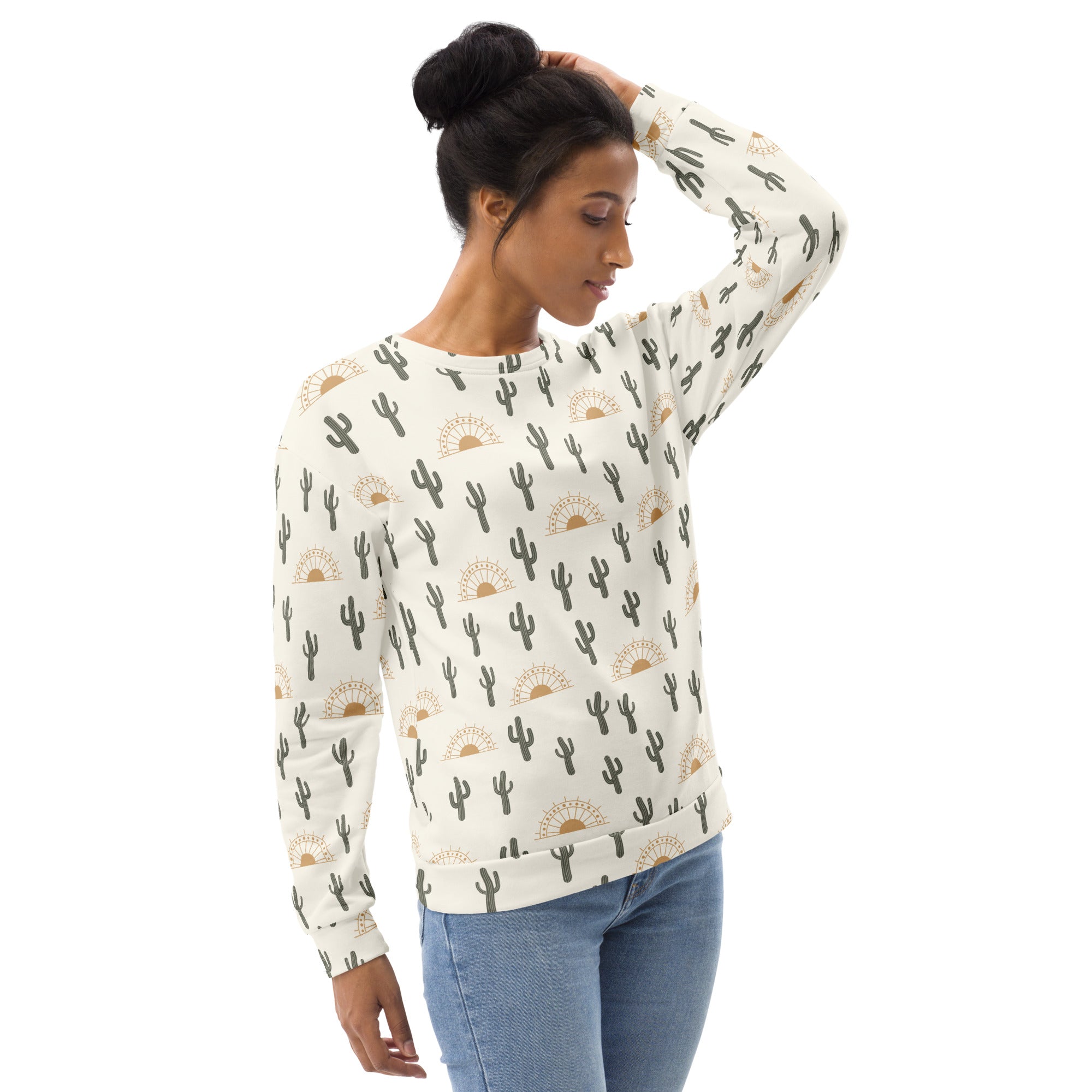 Cream-colored cactus desert sunrise sweatshirt with long sleeves black cacti gold sun patterns brushed fleece