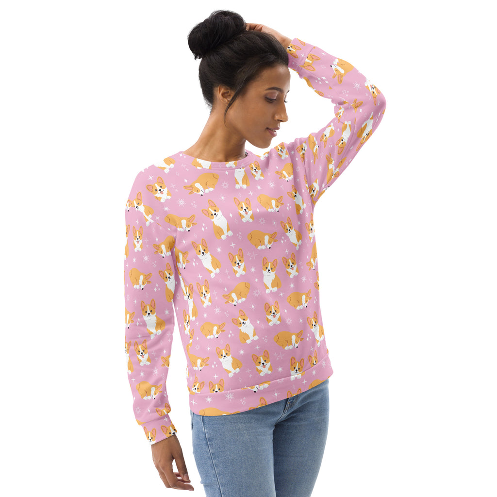 Pink long-sleeved corgi dog sweatshirt with playful print and brushed inner fleece fabric for warmth and comfort