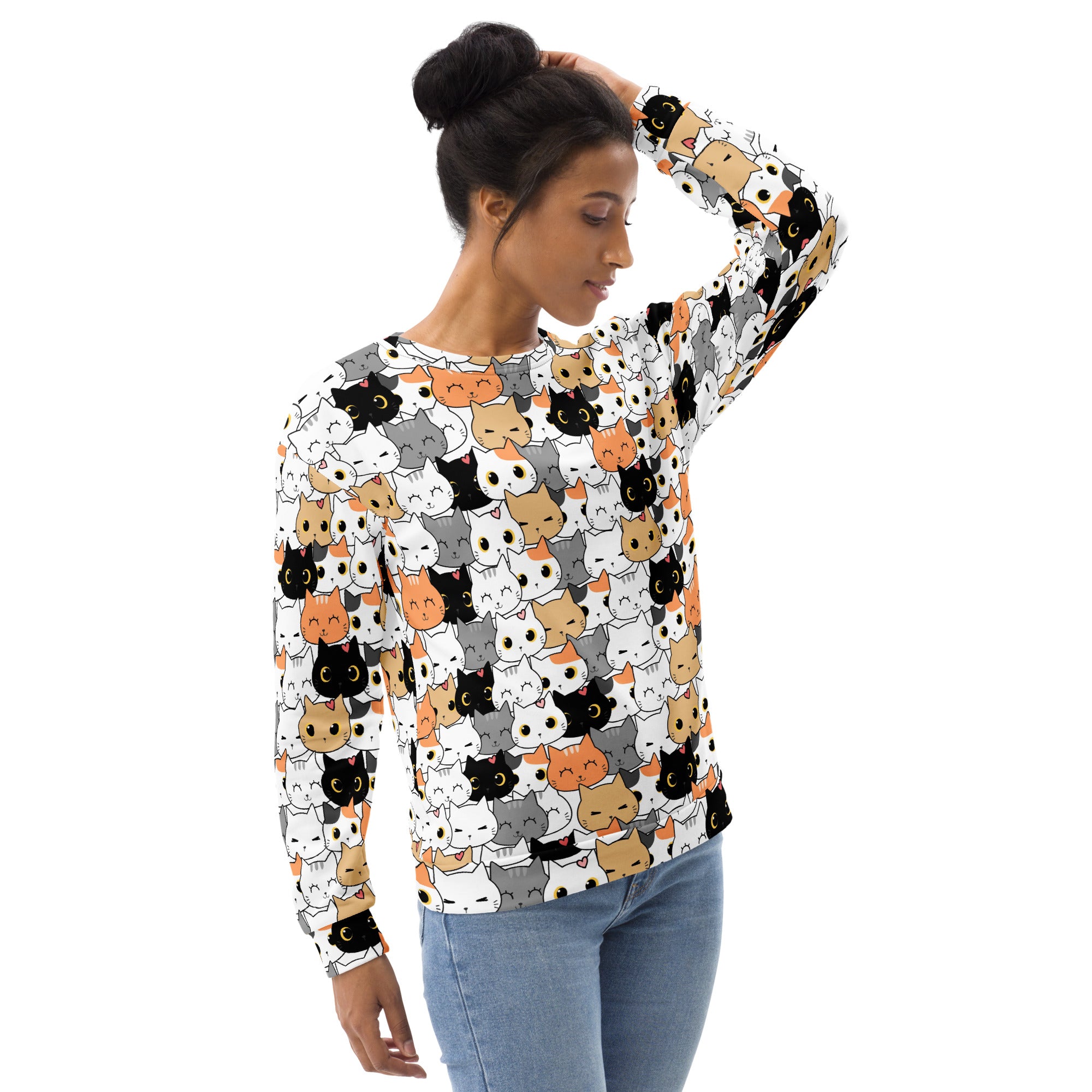 Cat face sweatshirt with brushed inner fleece featuring cartoon cats in black white gray and orange on light background