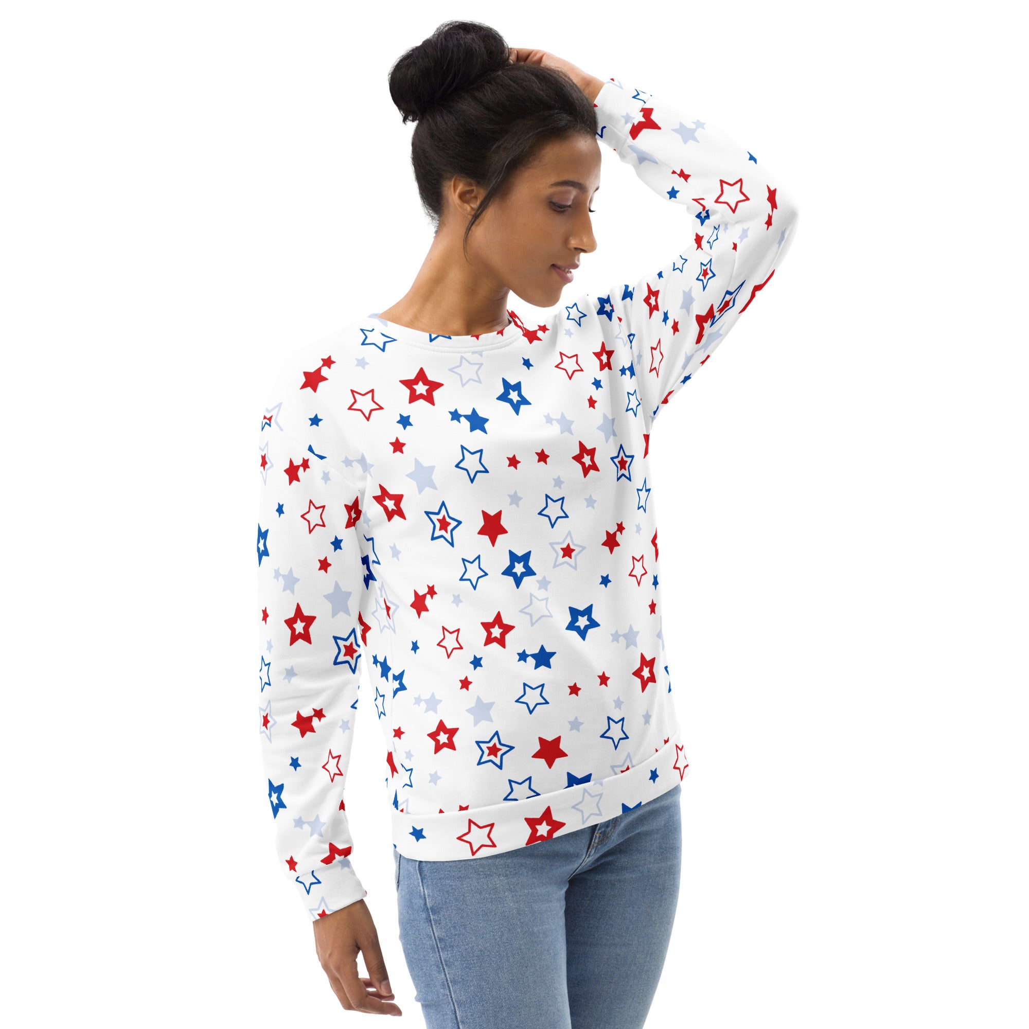 White long-sleeved sweatshirt with red blue silver stars and brushed inner fleece fabric for patriotic wear