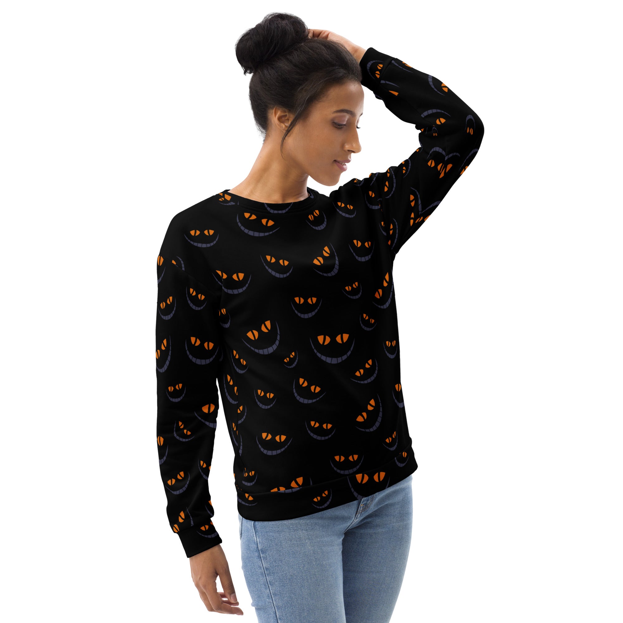 Black Cat Eyes Halloween Sweatshirt With Brushed Inner Fleece Fabric