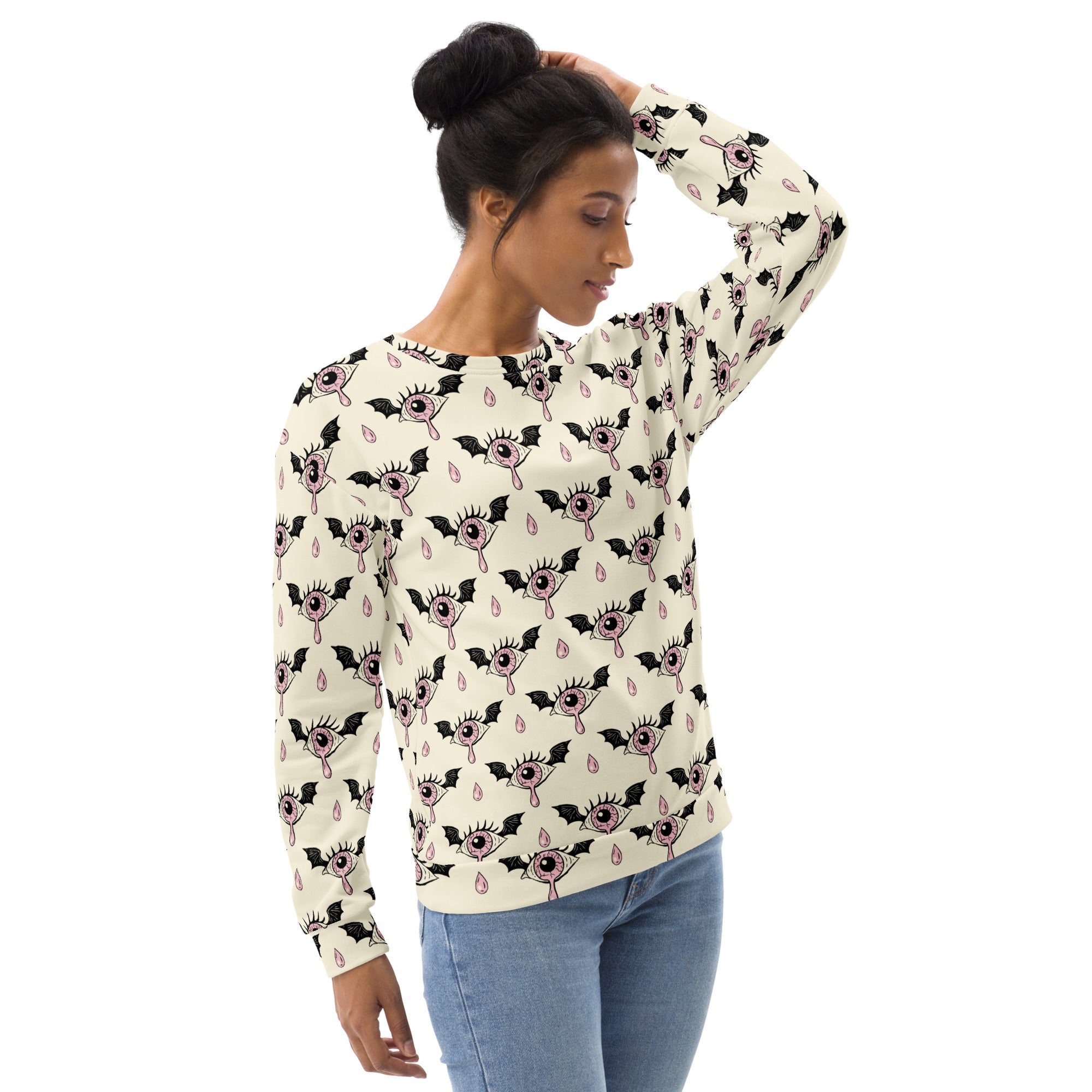 Cream-colored long-sleeved gothic eyeball halloween sweatshirt with black bat pattern and brushed inner fleece fabric