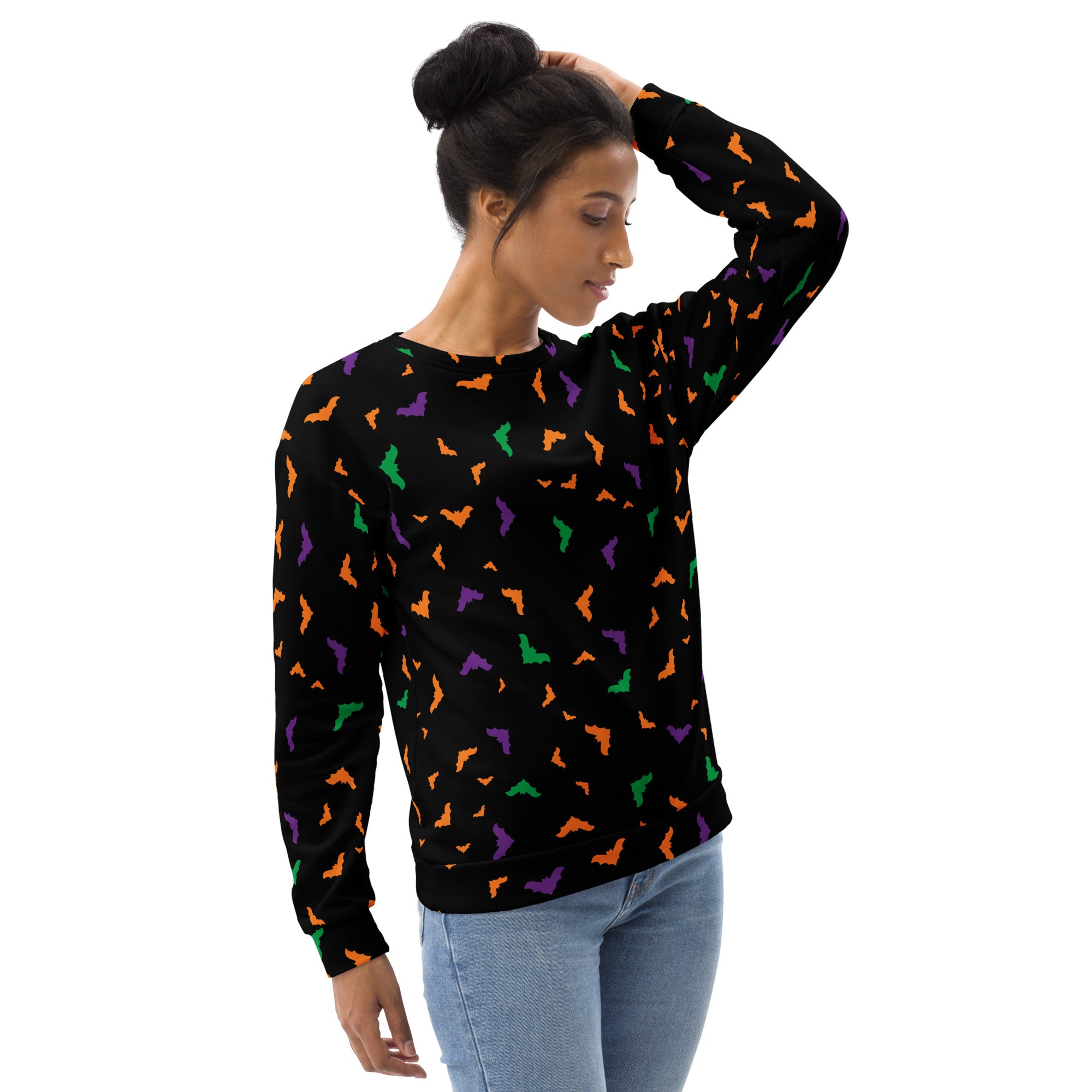 Black long-sleeved sweatshirt with colorful cartoon bats and brushed inner fleece fabric for Halloween wear