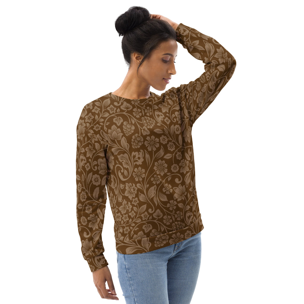 Brown long-sleeved sweatshirt with intricate beige floral vine pattern and brushed inner fleece fabric for warmth