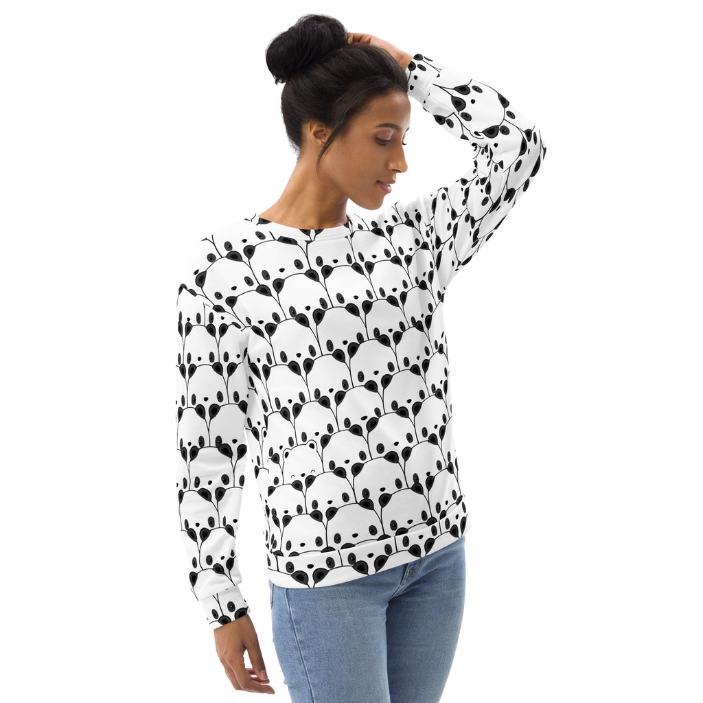 A white long-sleeved panda face sweatshirt with brushed inner fleece fabric and repeating black pattern