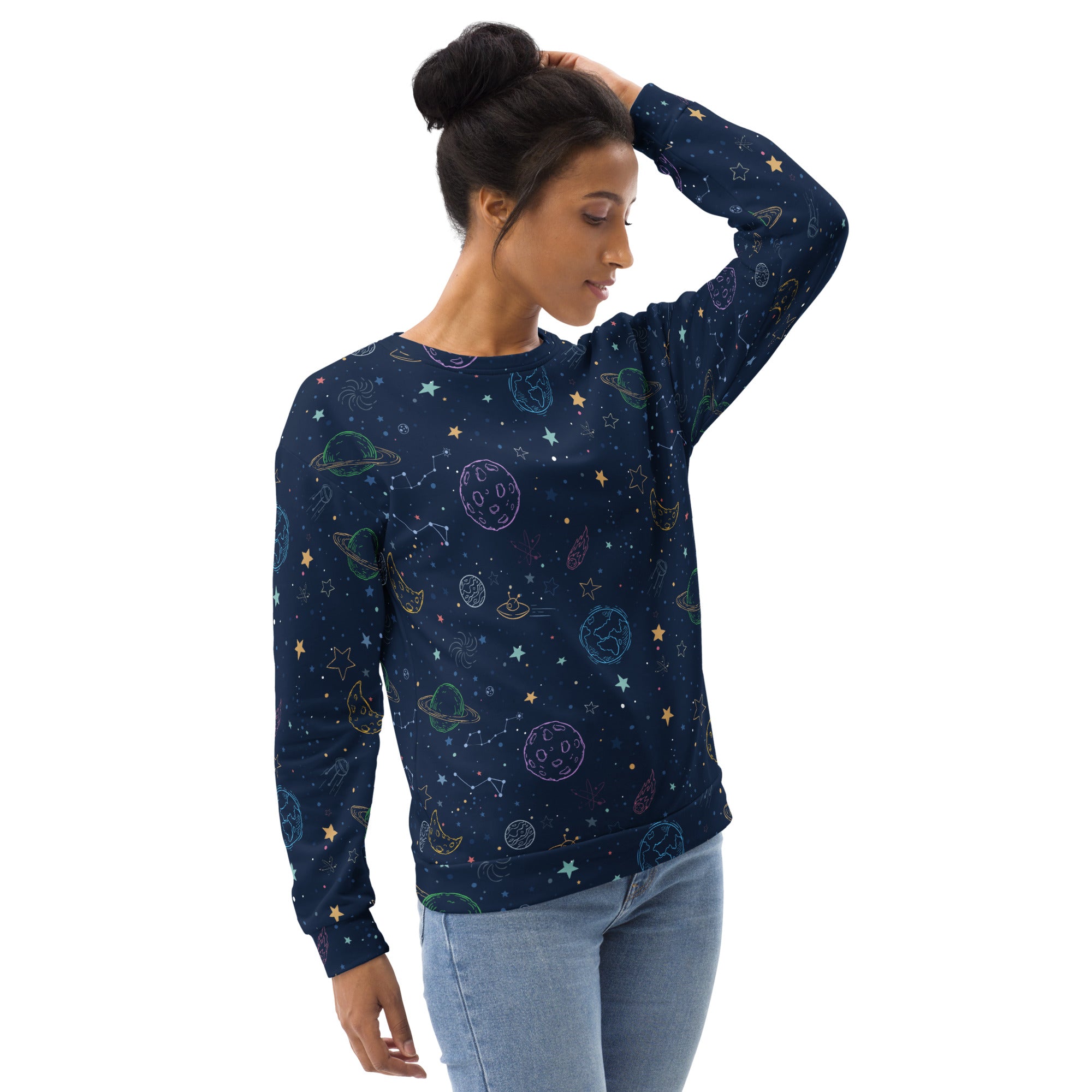 A navy blue long-sleeved sweatshirt with whimsical pastel space print and brushed inner fleece fabric for warmth