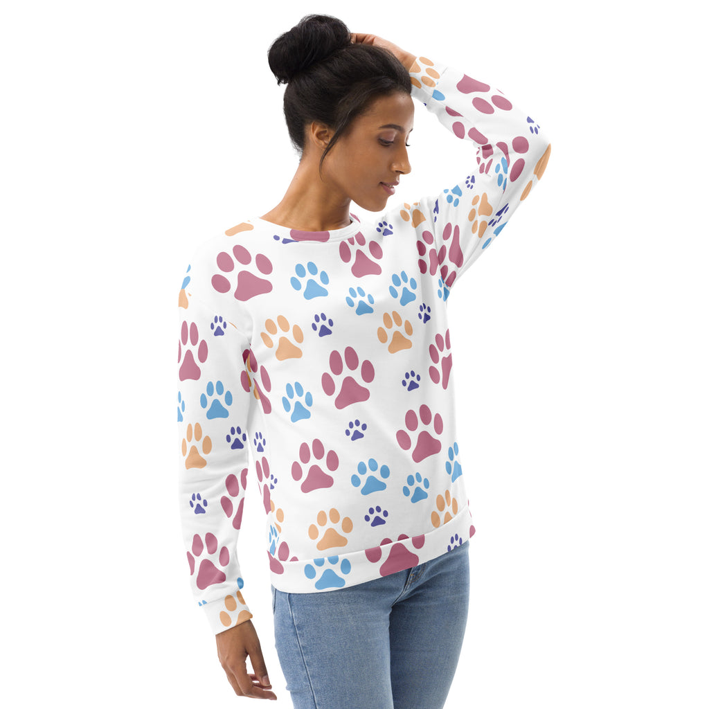 White long-sleeved sweatshirt with colorful paw print pattern and brushed inner fleece fabric for warmth