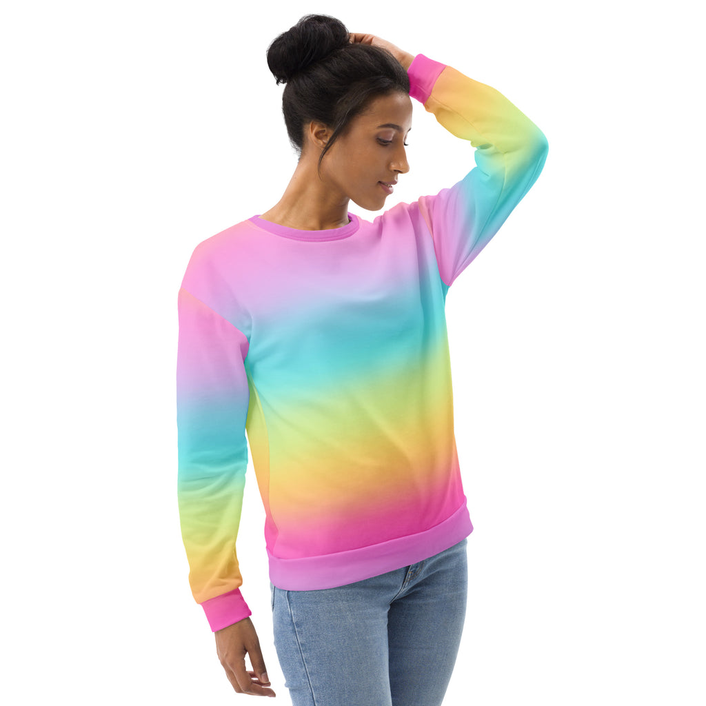 Bright rainbow sweatshirt with brushed inner fleece fabric featuring pink yellow and blue hues in a gradient