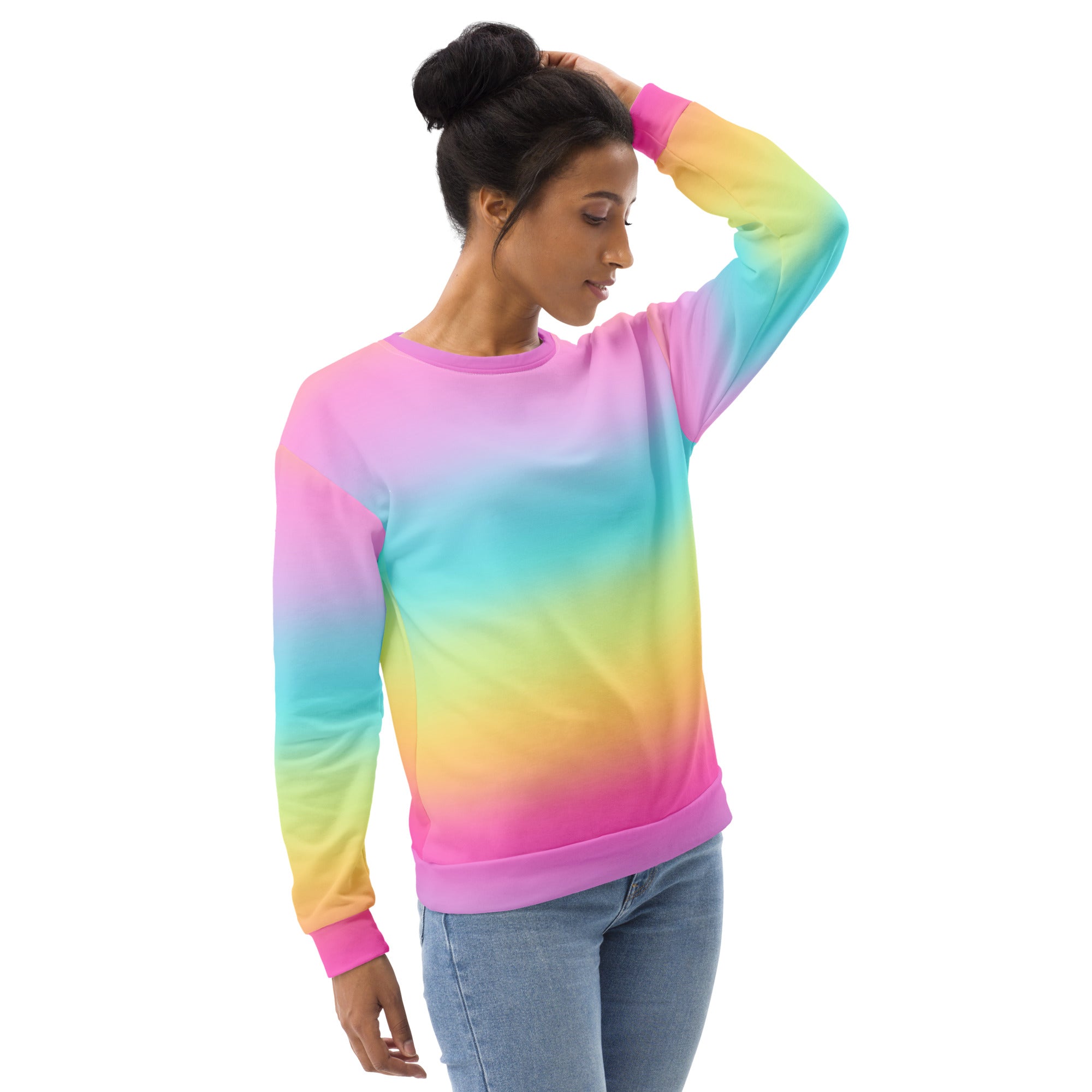Bright rainbow sweatshirt with brushed inner fleece fabric featuring pink yellow and blue hues in a gradient