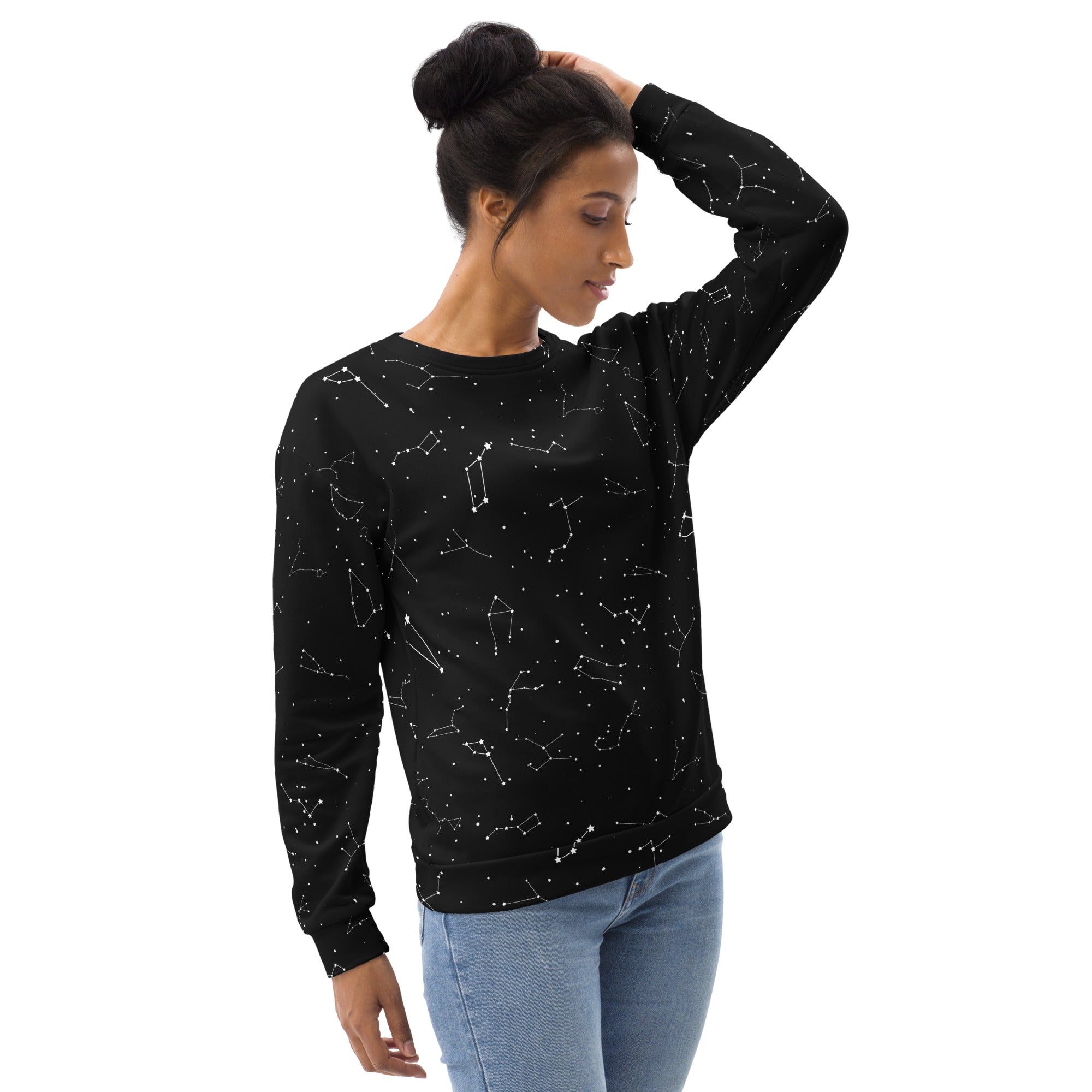 Black long-sleeved sweatshirt with white realistic constellation pattern and brushed inner fleece fabric