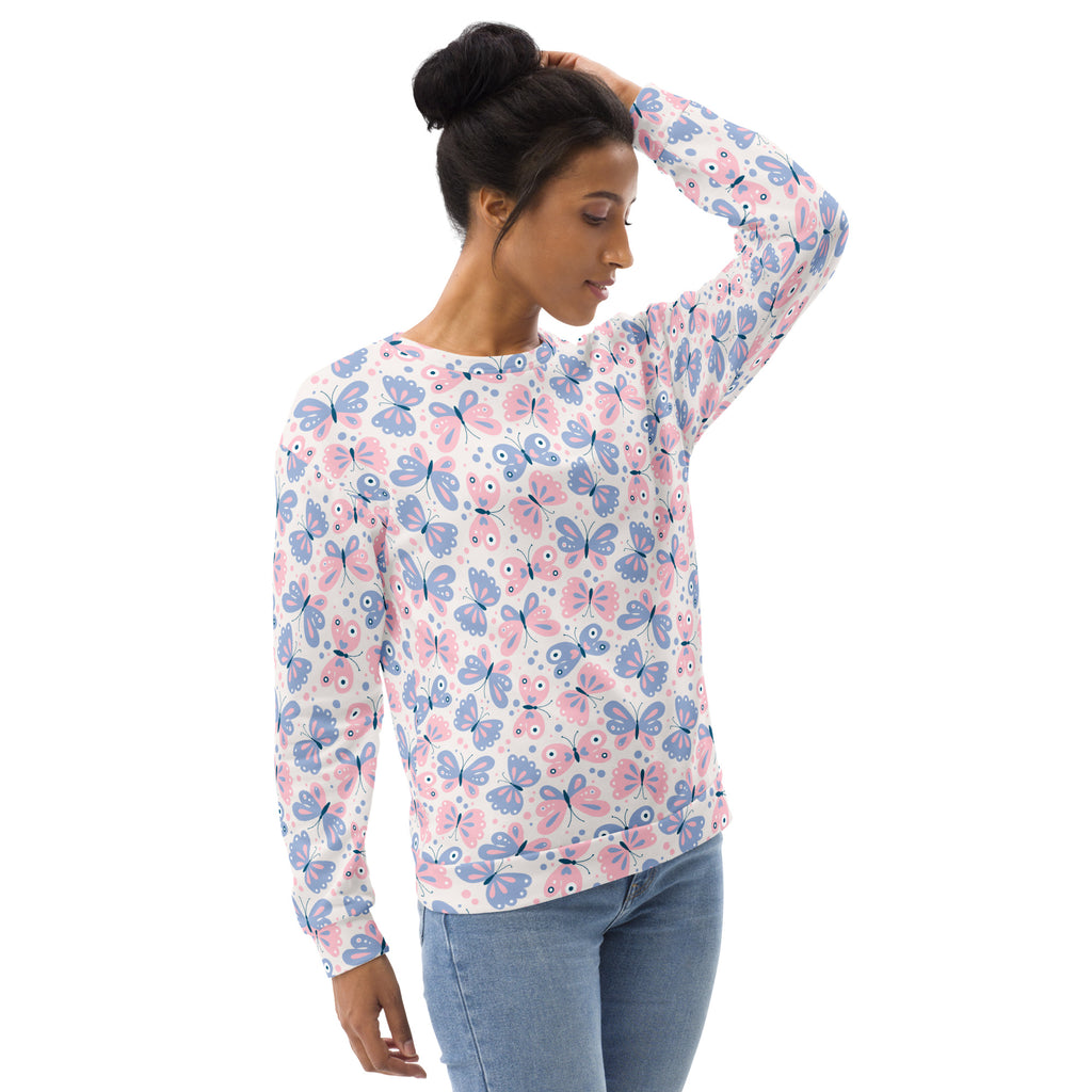 A soft white long-sleeved pastel butterfly sweatshirt with pink and lavender print and brushed inner fleece fabric