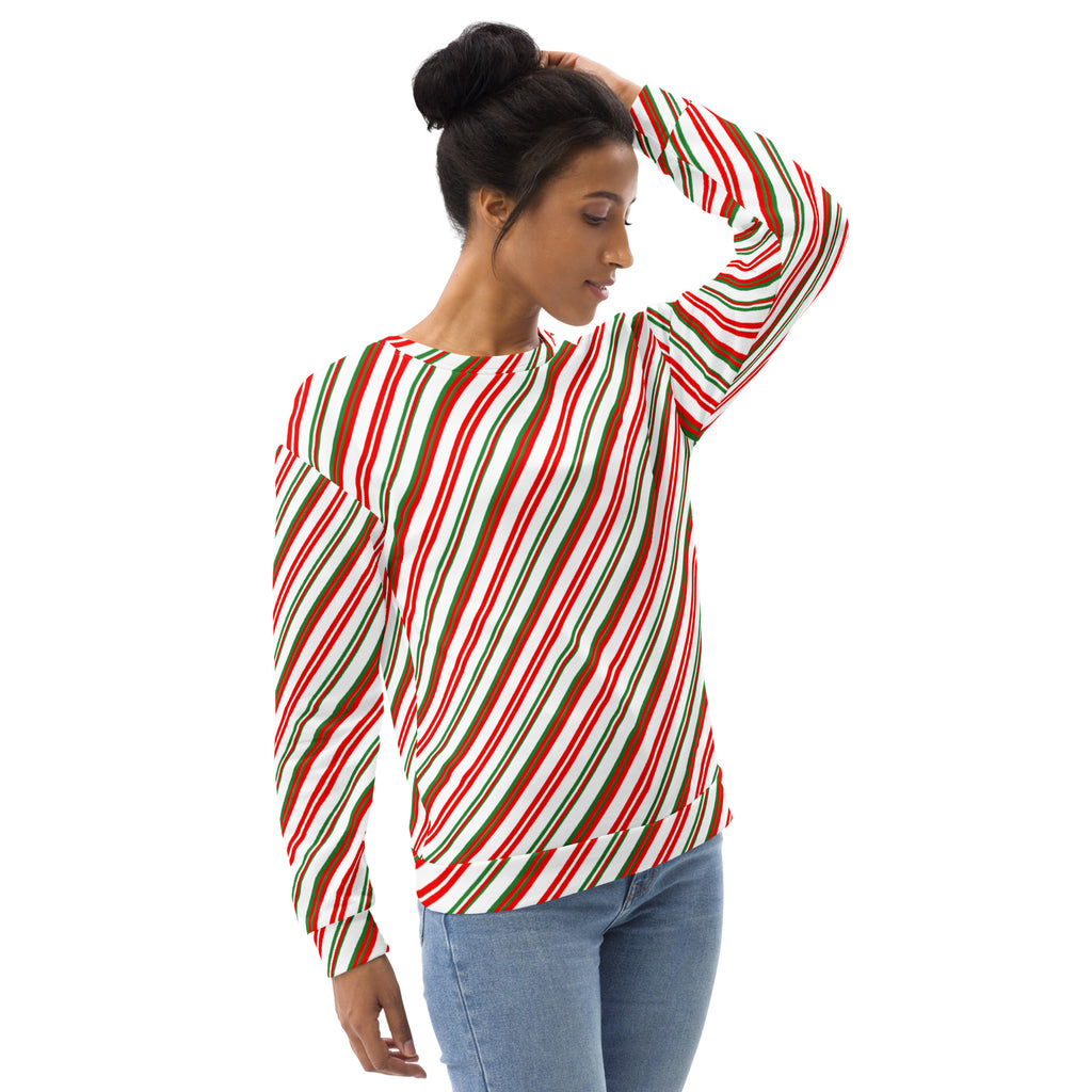 A festive red green and white diagonally striped long sleeved sweatshirt with brushed inner fleece fabric