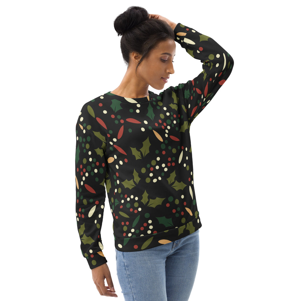 Black long-sleeved floral christmas sweatshirt with green holly leaves red berries white dots and brushed inner fleece fabric