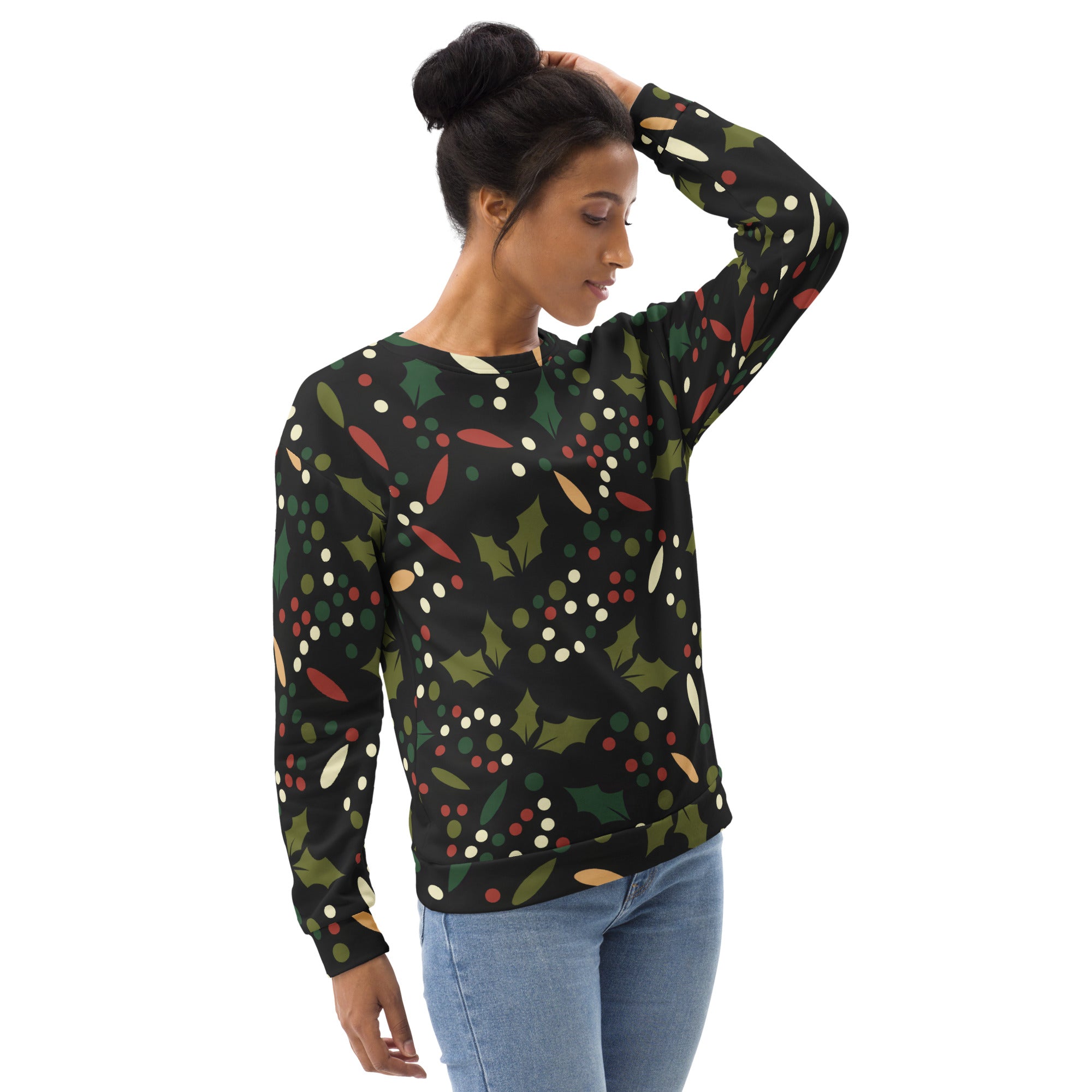 Black long-sleeved floral christmas sweatshirt with green holly leaves red berries white dots and brushed inner fleece fabric