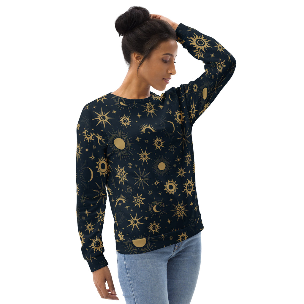 A dark navy long-sleeved sweatshirt with brushed inner fleece and vibrant gold celestial sun moon star pattern