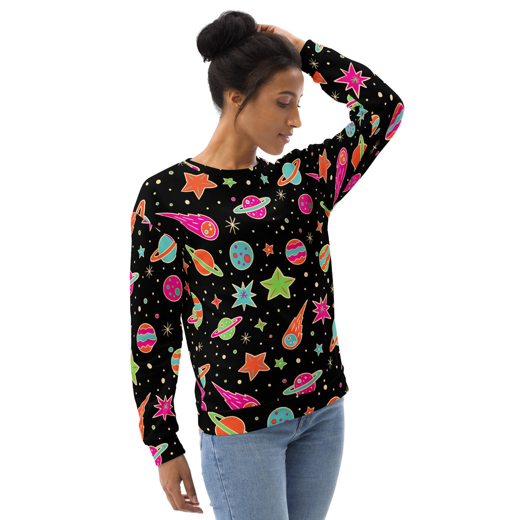 Black long sleeve sweatshirt with vibrant cartoon space pattern and brushed inner fleece fabric for comfort