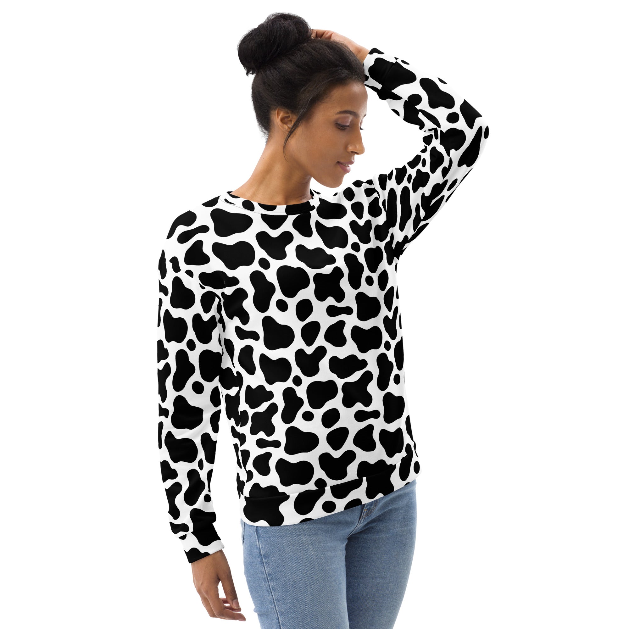 Black and white cow print long-sleeved sweatshirt with brushed inner fleece fabric for warmth and comfort