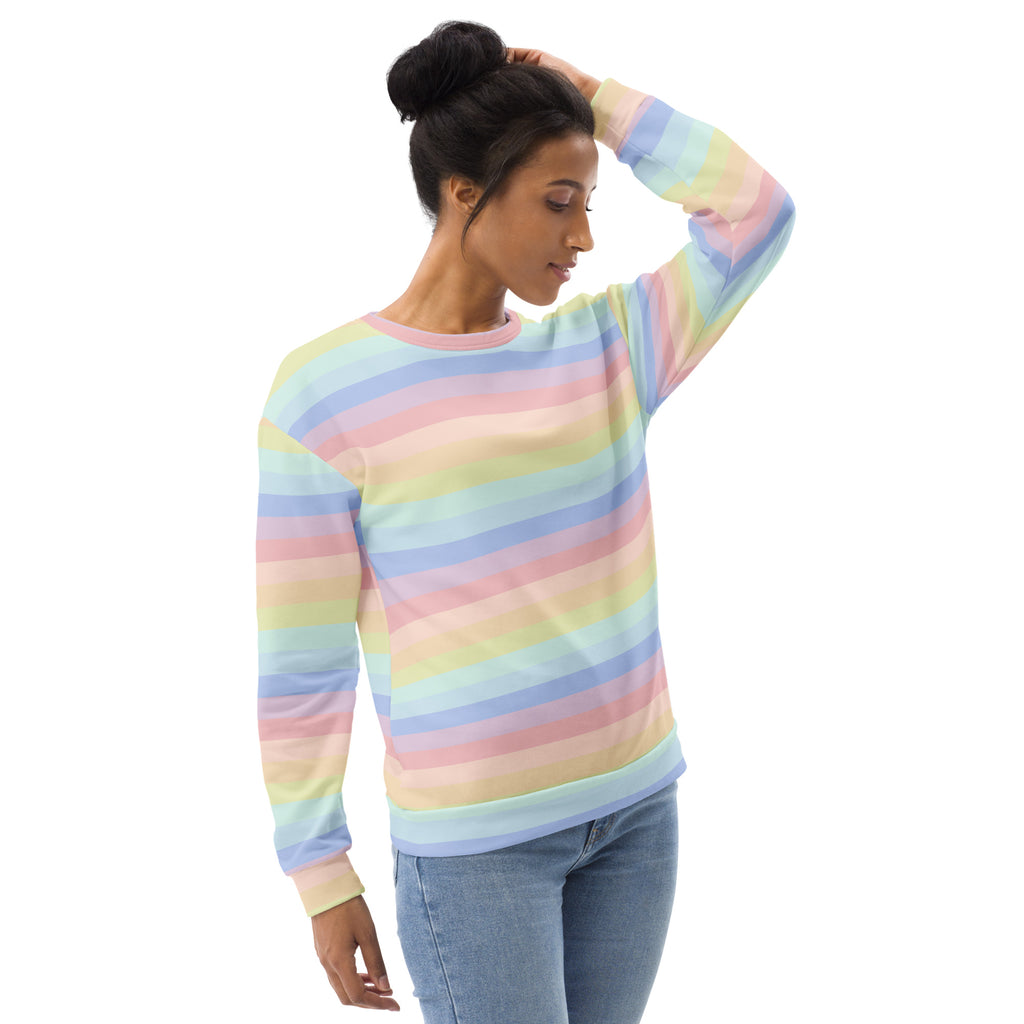 Pastel rainbow striped long-sleeve sweatshirt with soft pink crew neckline and brushed inner fleece fabric