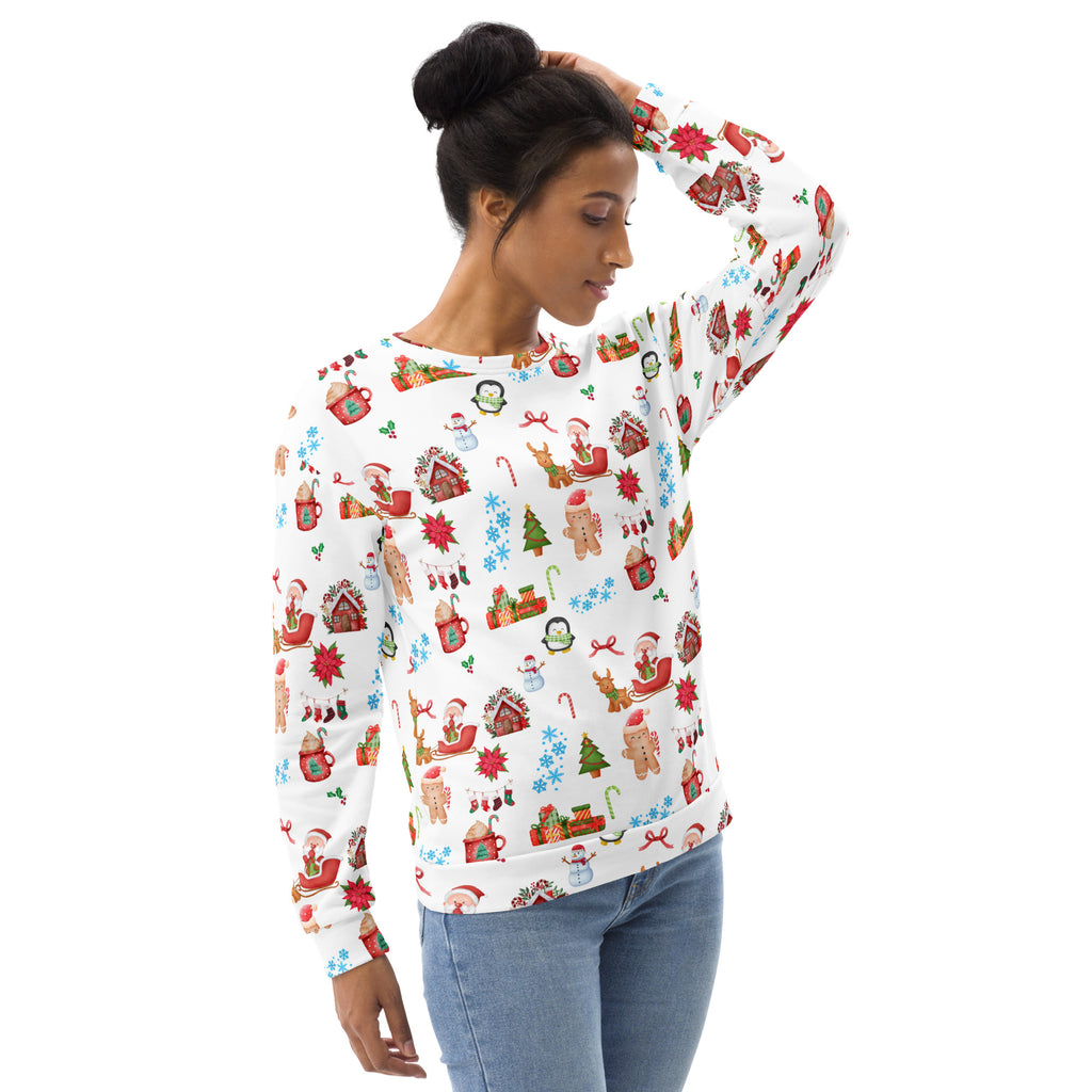 White long-sleeved christmas pattern sweatshirt with brushed inner fleece and festive santa and holiday illustrations
