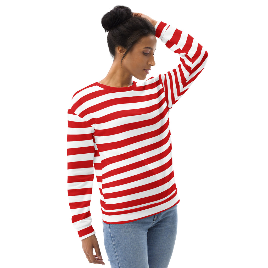 Red and white candy cane striped long-sleeved christmas sweatshirt with brushed inner fleece fabric