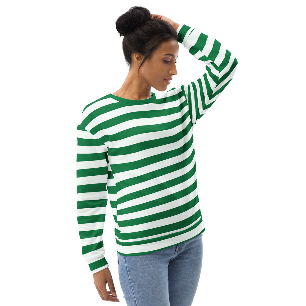Green and white candy cane striped christmas sweatshirt with brushed inner fleece fabric and long sleeves