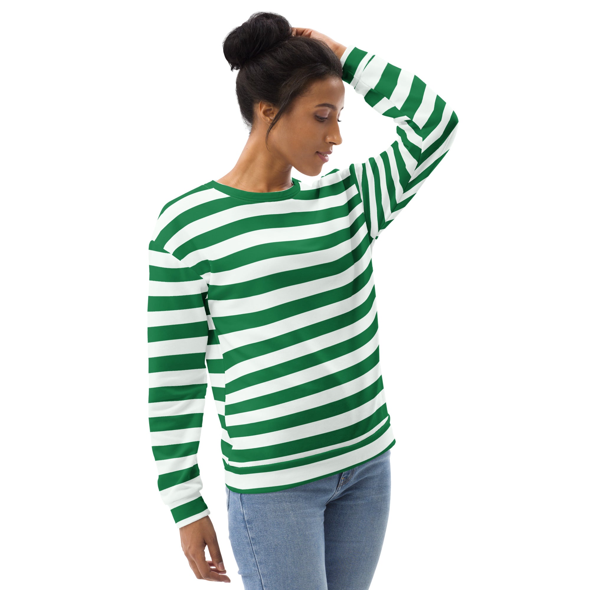 Green and white candy cane striped christmas sweatshirt with brushed inner fleece fabric and long sleeves