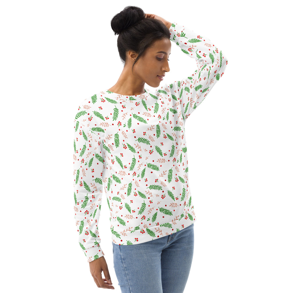 White long-sleeved holly berry Christmas sweatshirt with green fern and red berry pattern and brushed inner fleece fabric