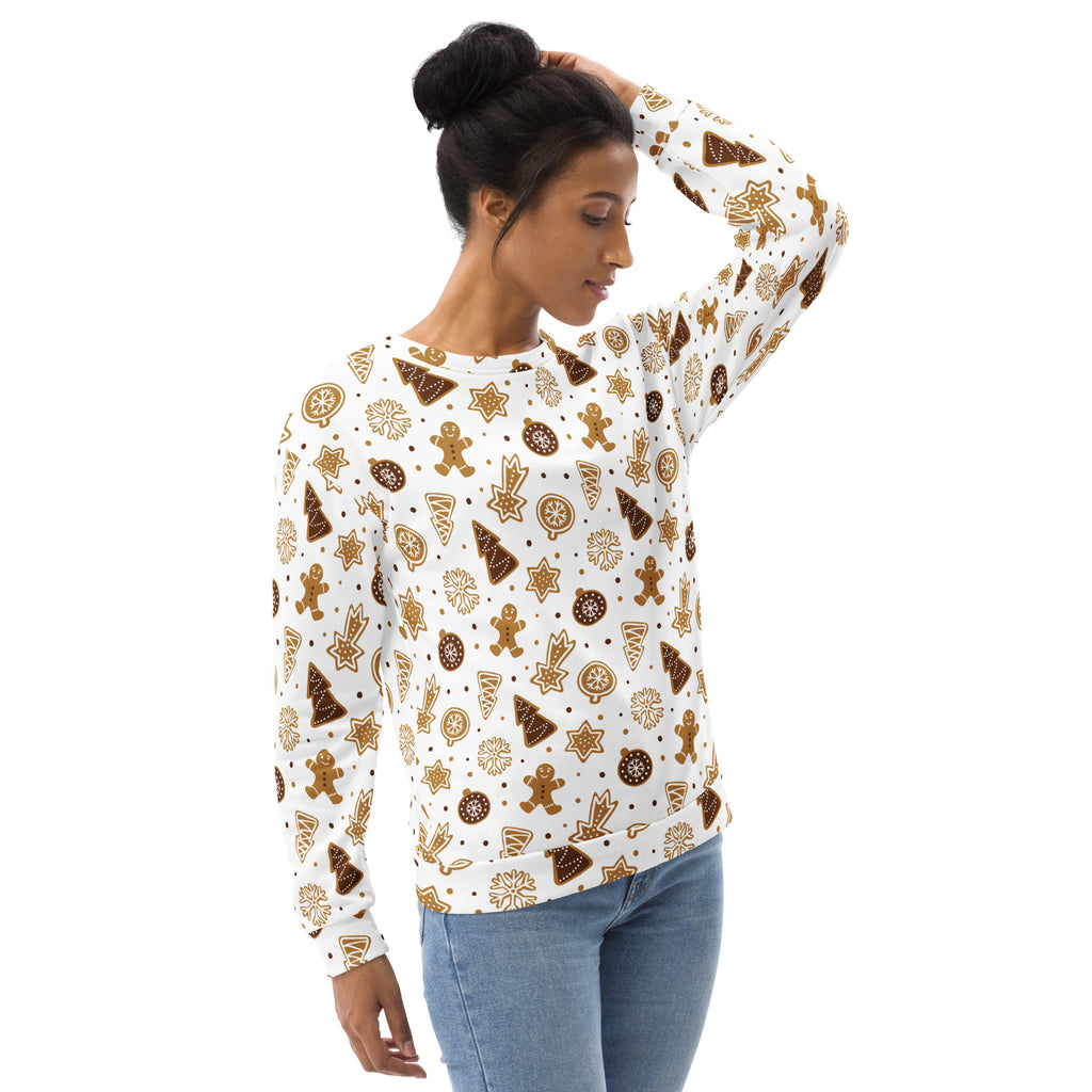 White long-sleeved gingerbread cookie christmas sweatshirt with brown festive pattern and brushed inner fleece fabric