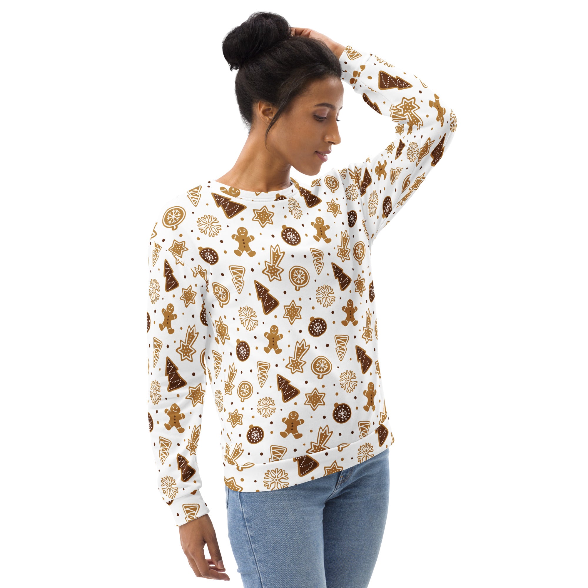 White long-sleeved gingerbread cookie christmas sweatshirt with brown festive pattern and brushed inner fleece fabric