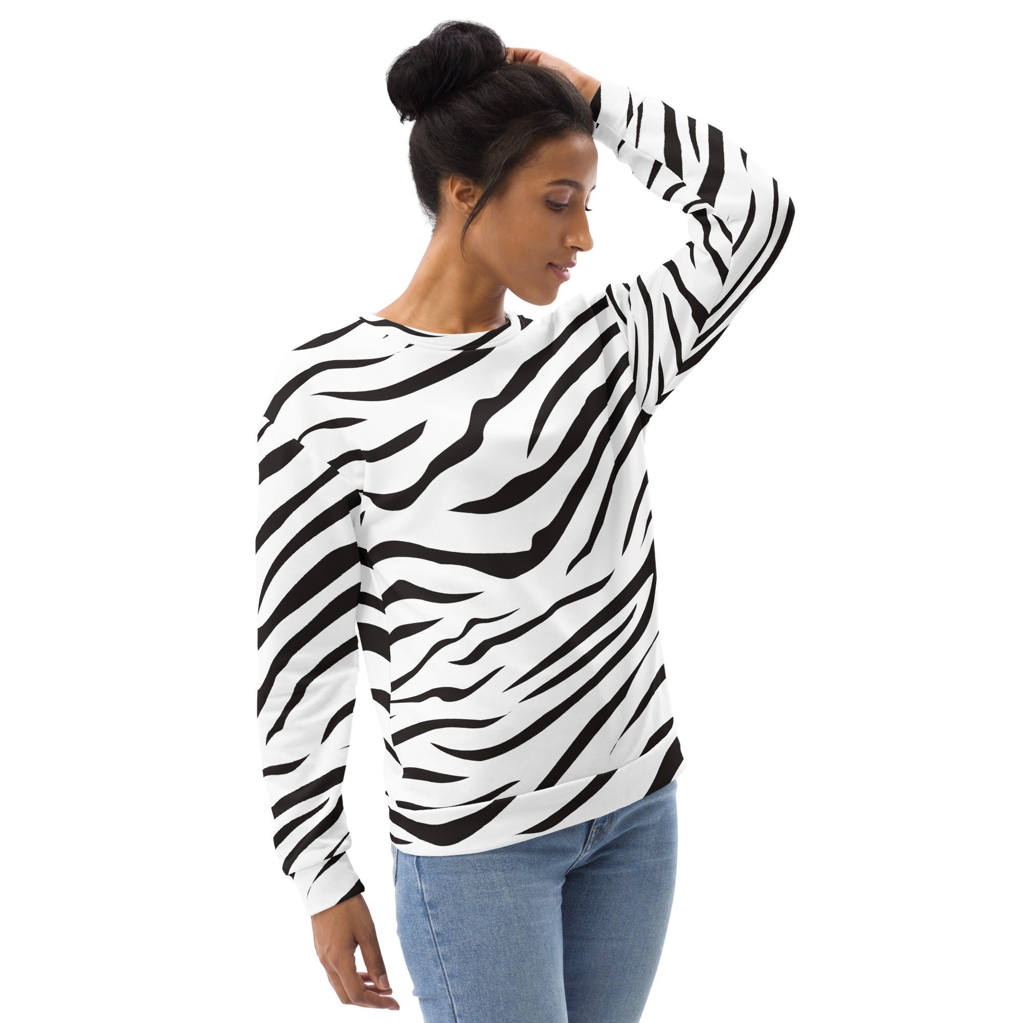 Black and white zebra print sweatshirt with brushed inner fleece fabric and long sleeves for cozy wear