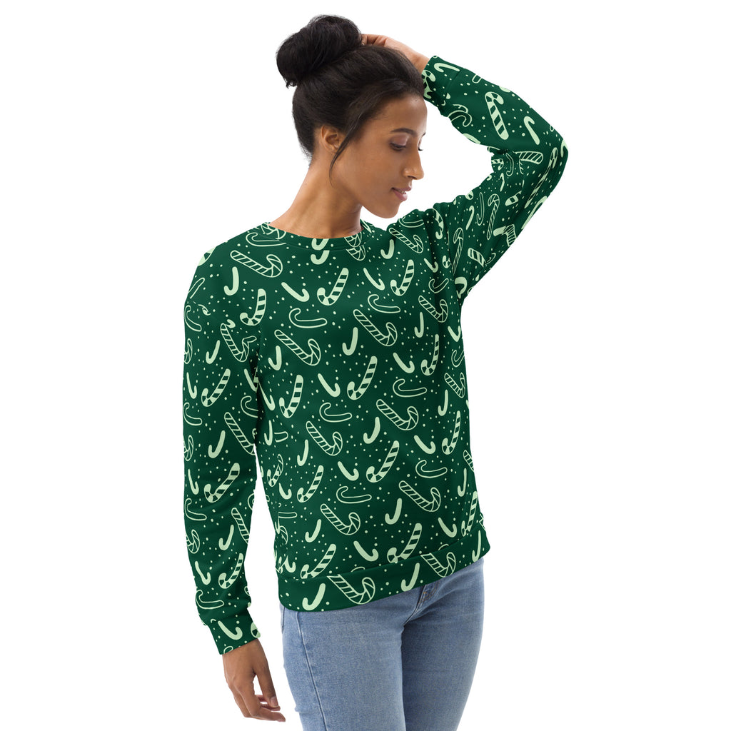 Green long-sleeved candy cane sweatshirt with brushed inner fleece fabric featuring white candy cane pattern