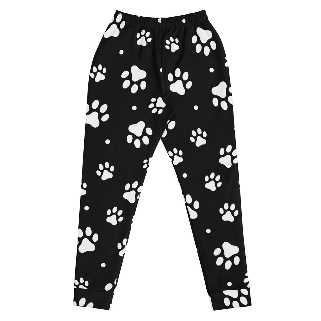 Women’s black recycled jogger pants with white paw print and dot pattern cozy brushed fleece inside pockets