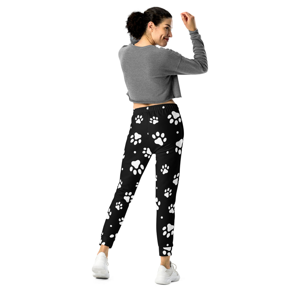 Women’s black jogger pants with playful white paw print pattern cozy brushed inside fleece material with pockets
