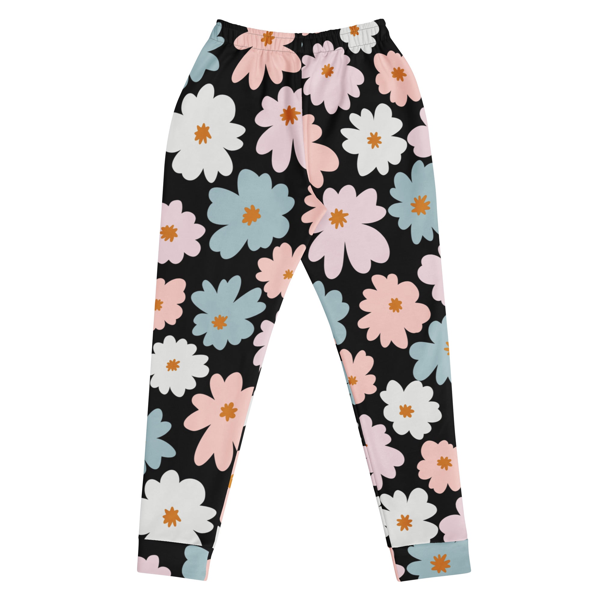 Women’s retro floral recycled jogger pants with pockets in black featuring pastel pink white and light blue daisies with orange centers