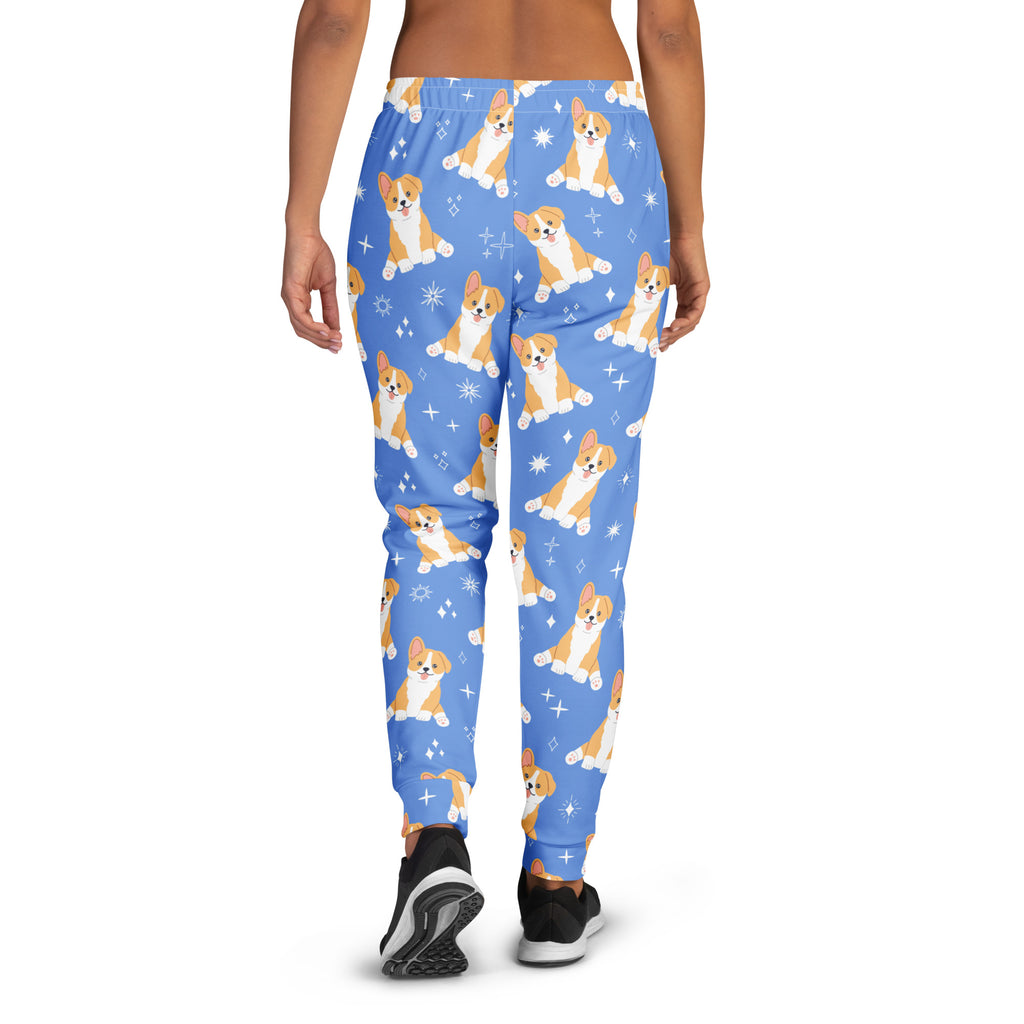 Women’s blue corgi dog recycled jogger pants with pockets and cozy brushed inside fleece featuring playful corgi pattern